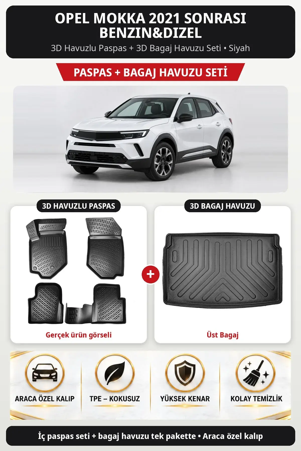 Opel Mokka 2021 Sonrası Benzin&Dizel 3D Havuzlu Paspas + 3D Bagaj Havuzu Seti (Üst Bagaj) Siyah (1)
