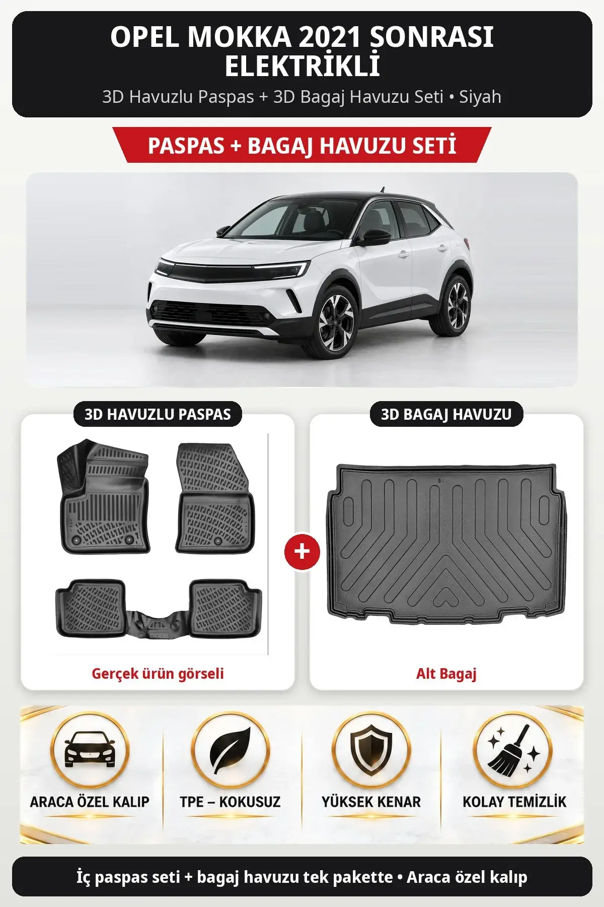 Opel Mokka 2021 Sonrası Elektrikli 3D Havuzlu Paspas + 3D Bagaj Havuzu Seti (Alt Bagaj) Siyah (1)