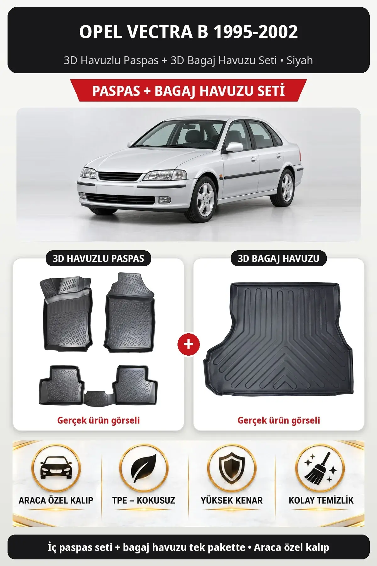 Opel Vectra B 1995-2002 3D Havuzlu Paspas + 3D Bagaj Havuzu Seti Siyah (1)