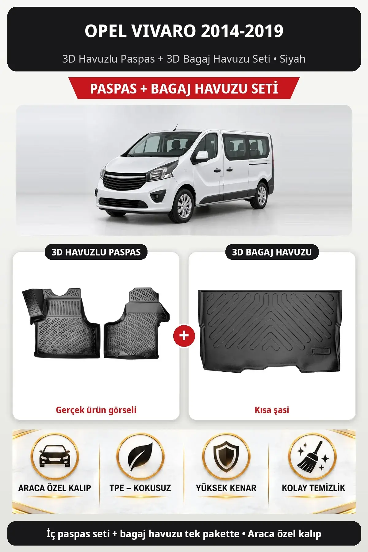 Opel Vivaro 2014-2019 3D Havuzlu Paspas + 3D Bagaj Havuzu Seti (Kısa şasi) Siyah (1)