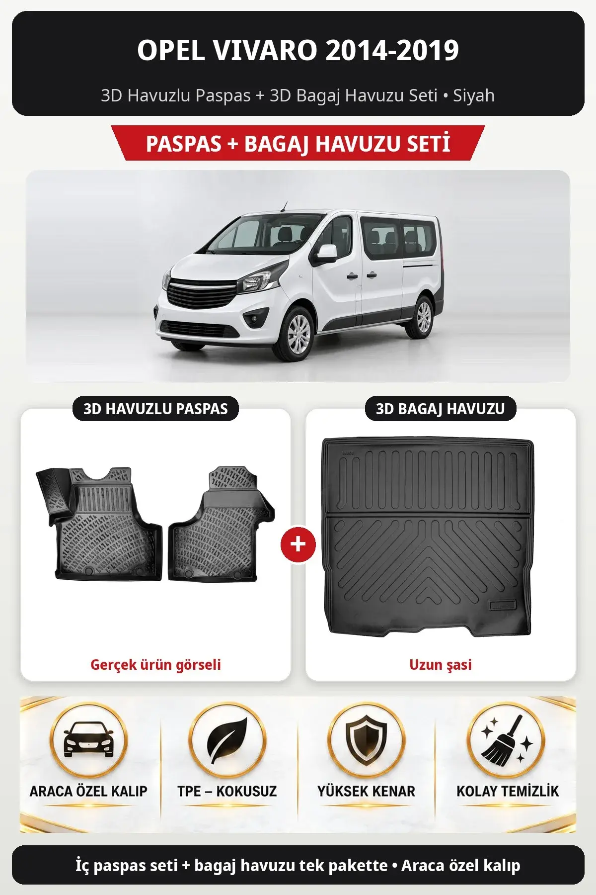 Opel Vivaro 2014-2019 3D Havuzlu Paspas + 3D Bagaj Havuzu Seti (Uzun şasi) Siyah (1)