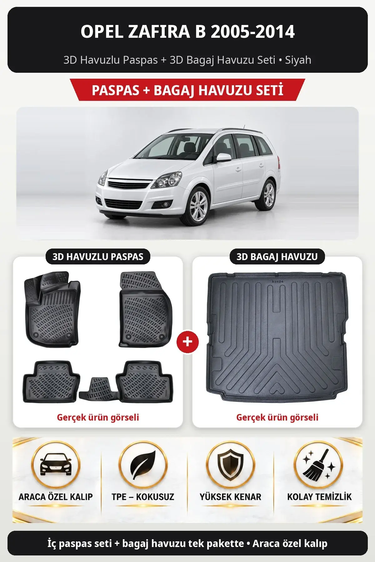 Opel Zafira B 2005-2014 3D Havuzlu Paspas + 3D Bagaj Havuzu Seti Siyah (1)