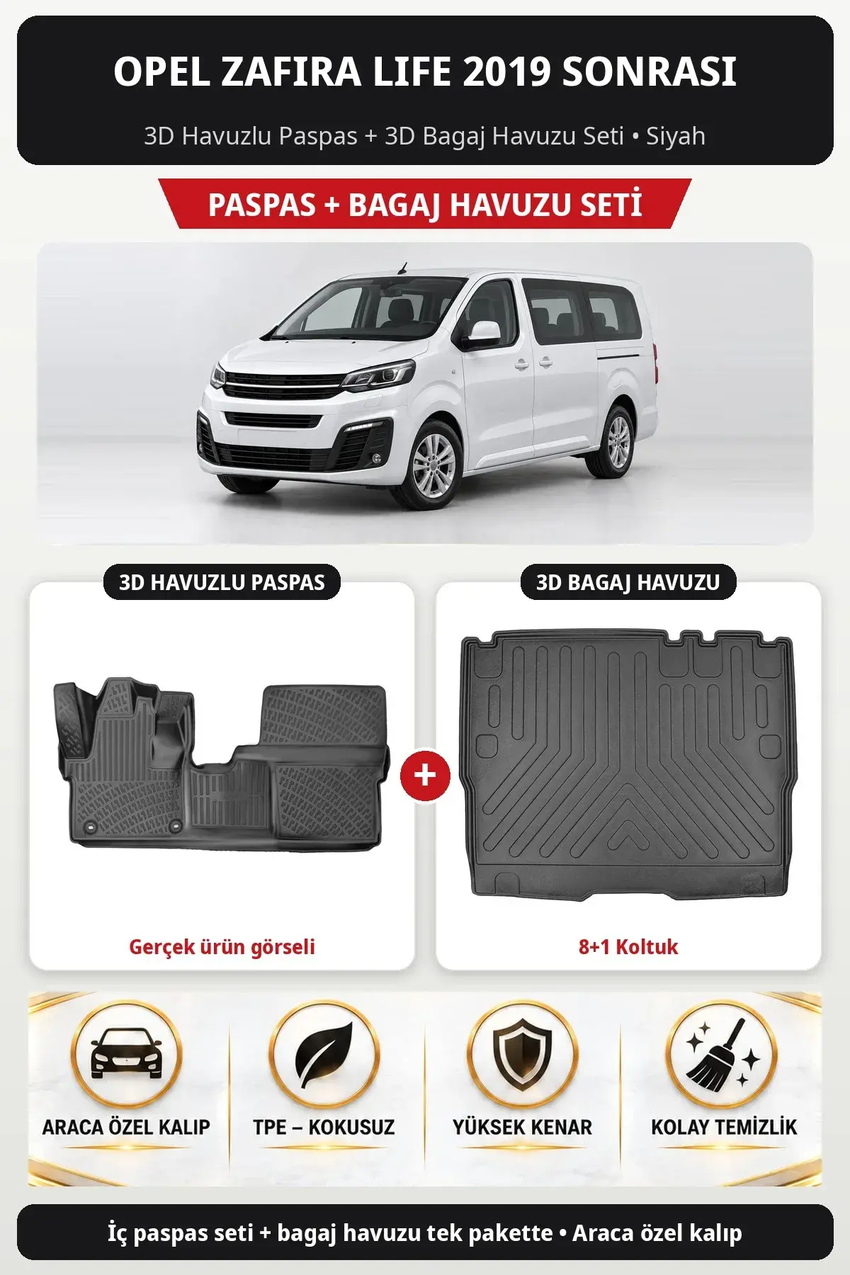 Opel Zafira Life 2019 Sonrası 3D Havuzlu Paspas + 3D Bagaj Havuzu Seti (8+1 Koltuk) Siyah (1)