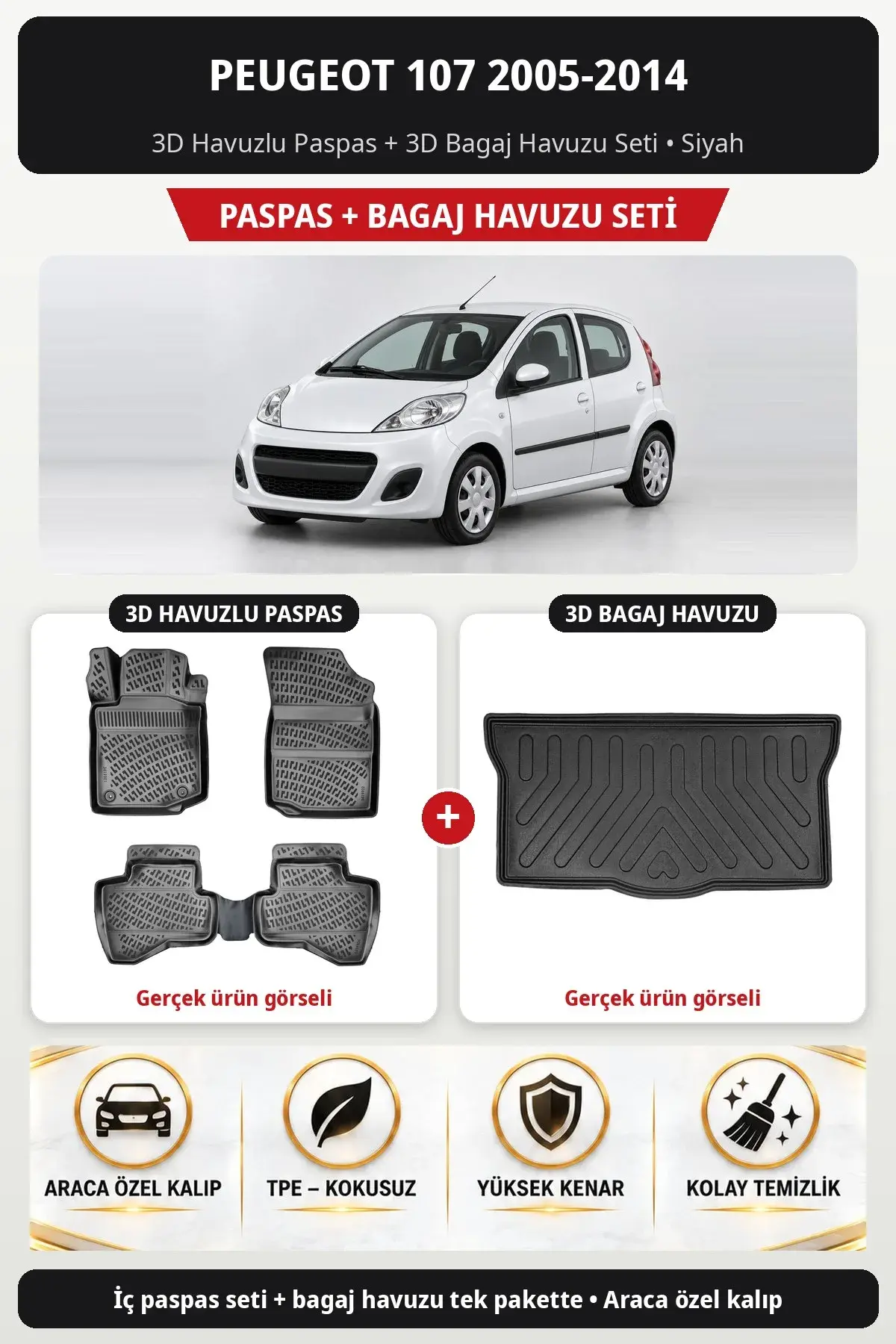 Peugeot 107 2005-2014 3D Havuzlu Paspas + 3D Bagaj Havuzu Seti Siyah (1)
