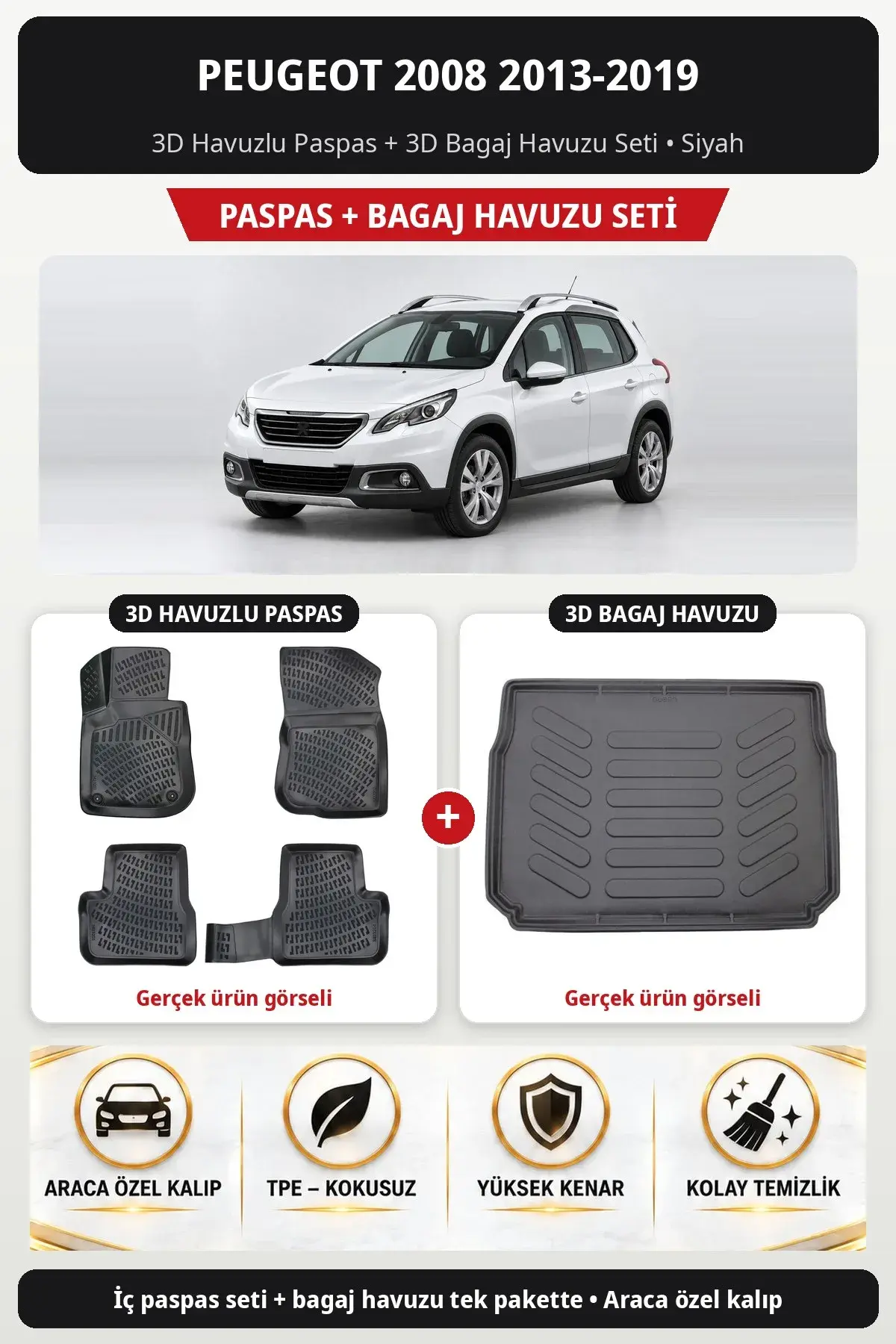 Peugeot 2008 2013-2019 3D Havuzlu Paspas + 3D Bagaj Havuzu Seti Siyah (1)