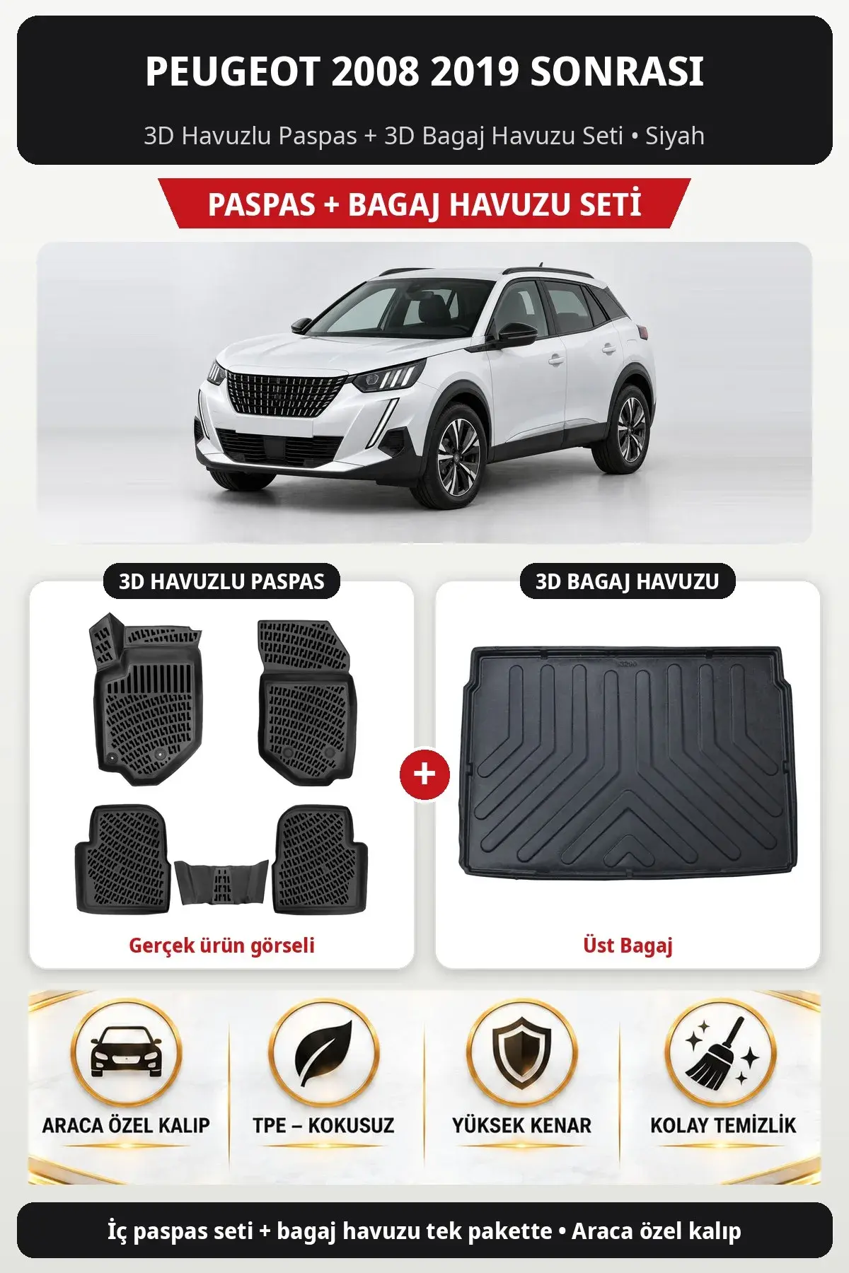 Peugeot 2008 2019 Sonrası 3D Havuzlu Paspas + 3D Bagaj Havuzu Seti (Üst Bagaj) Siyah (1)