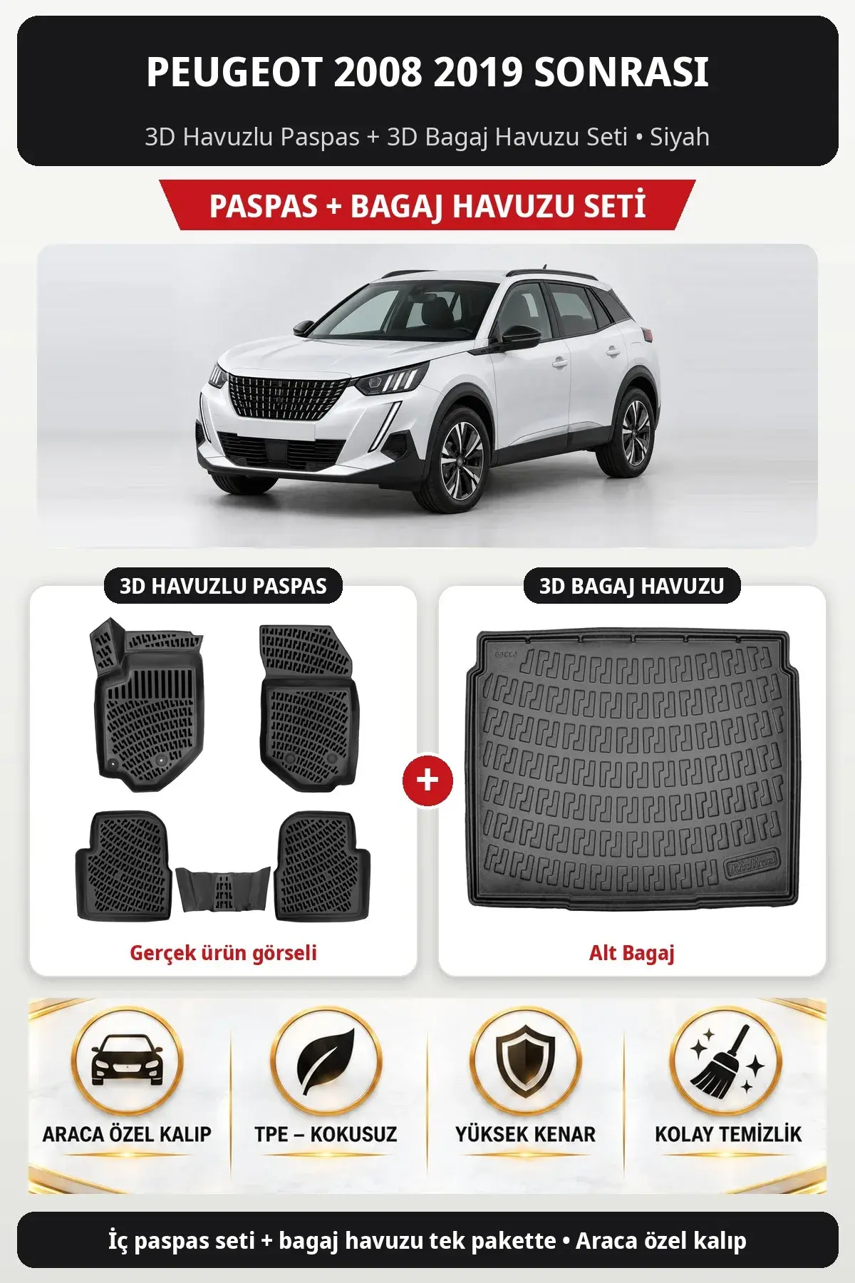 Peugeot 2008 2019 Sonrası 3D Havuzlu Paspas + 3D Bagaj Havuzu Seti (Alt Bagaj) Siyah (1)