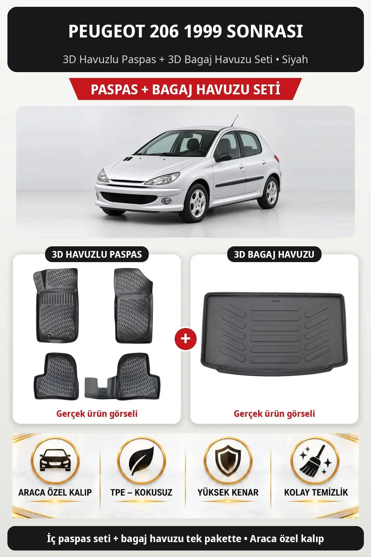 Peugeot 206 1999 Sonrası 3D Havuzlu Paspas + 3D Bagaj Havuzu Seti Siyah (1)
