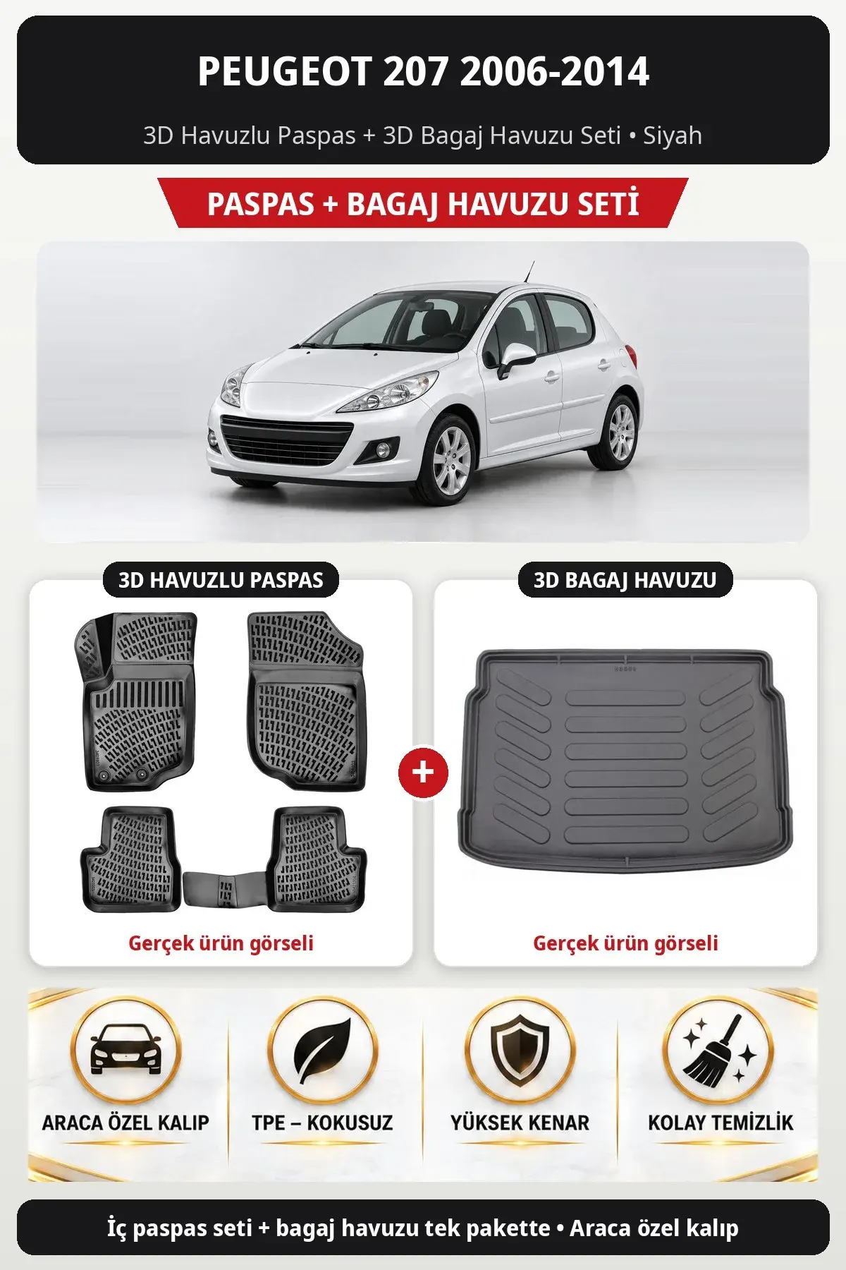 Peugeot 207 2006-2014 3D Havuzlu Paspas + 3D Bagaj Havuzu Seti Siyah (1)