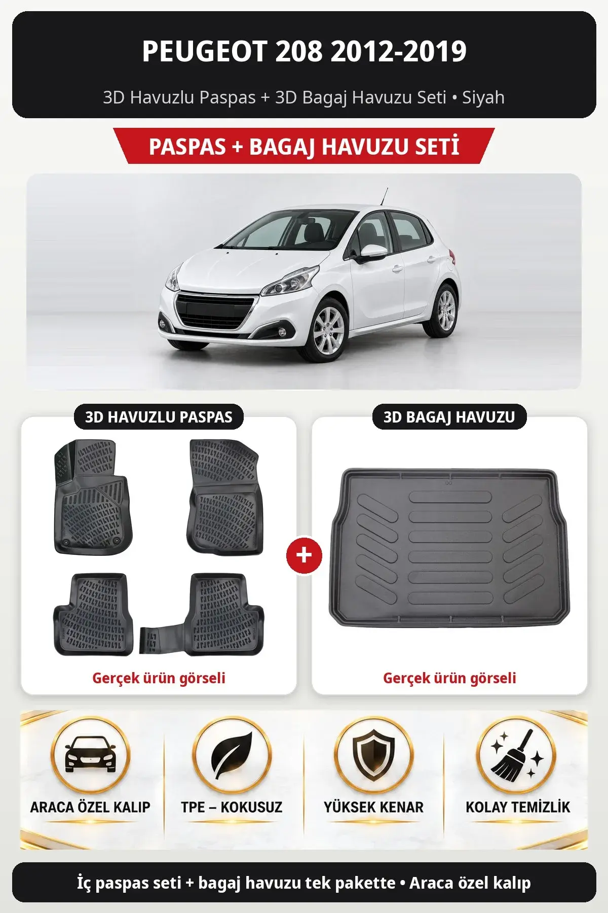 Peugeot 208 2012-2019 3D Havuzlu Paspas + 3D Bagaj Havuzu Seti Siyah (1)