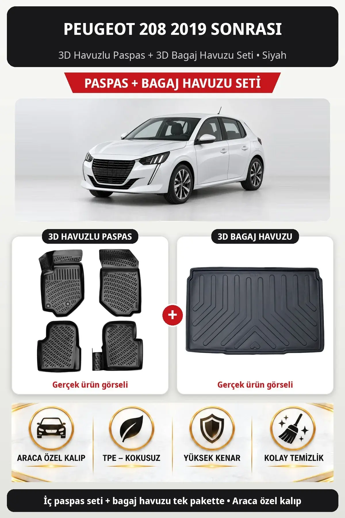 Peugeot 208 2019 Sonrası 3D Havuzlu Paspas + 3D Bagaj Havuzu Seti Siyah (1)