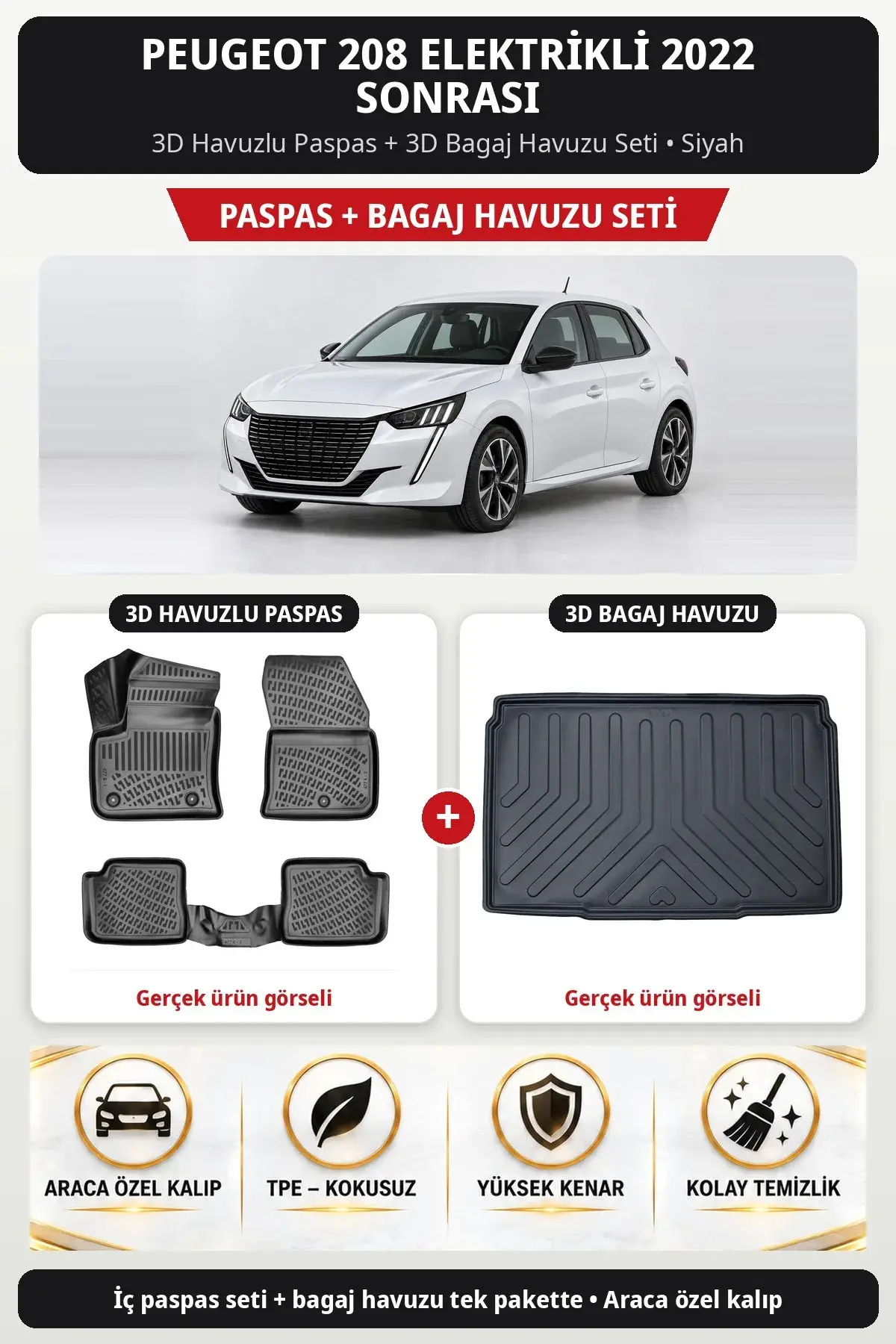 Peugeot 208 Elektrikli 2022 Sonrası 3D Havuzlu Paspas + 3D Bagaj Havuzu Seti Siyah (1)