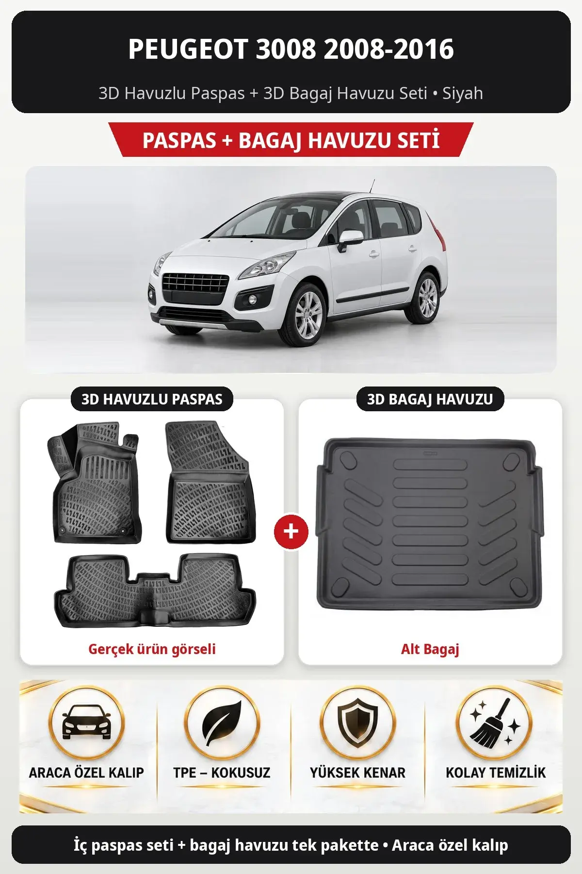 Peugeot 3008 2008-2016 3D Havuzlu Paspas + 3D Bagaj Havuzu Seti (Alt Bagaj) Siyah (1)