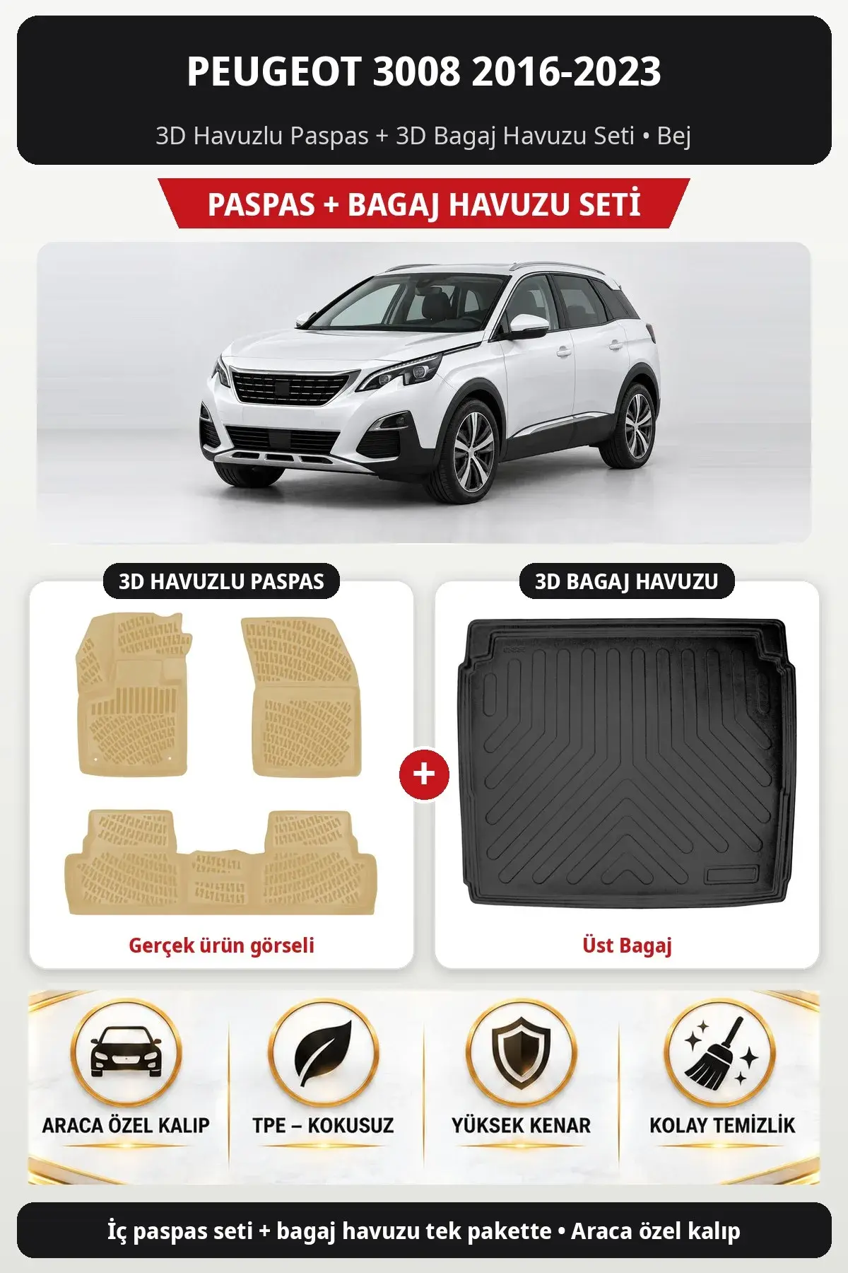 Peugeot 3008 2016-2023 3D Havuzlu Paspas + 3D Bagaj Havuzu Seti (Üst Bagaj) Bej (1)
