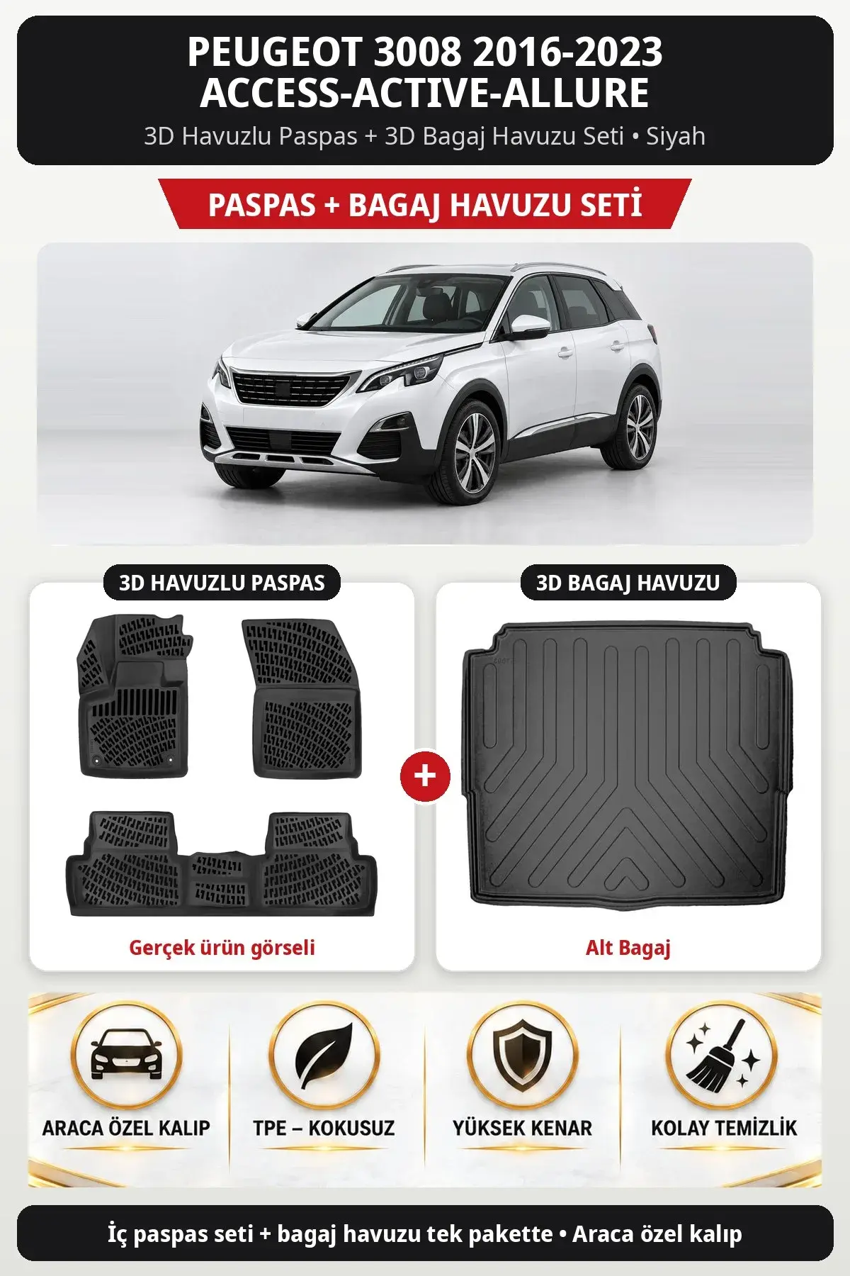 Peugeot 3008 2016-2023 Access-Active-Allure 3D Paspas + Bagaj Havuzu Seti (Alt Bagaj) Siyah (1)