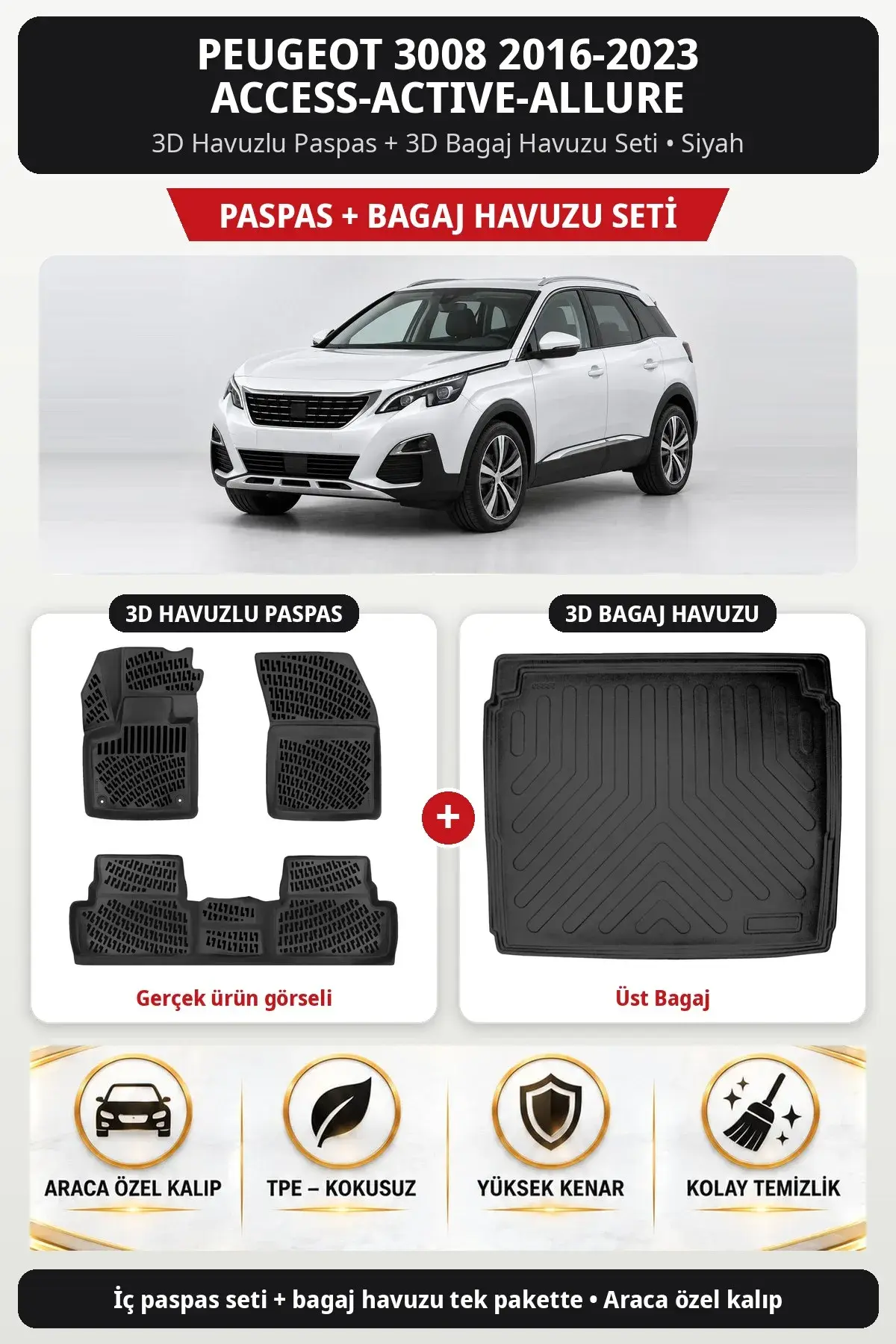 Peugeot 3008 2016-2023 Access-Active-Allure 3D Paspas + Bagaj Havuzu Seti (Üst Bagaj) Siyah (1)
