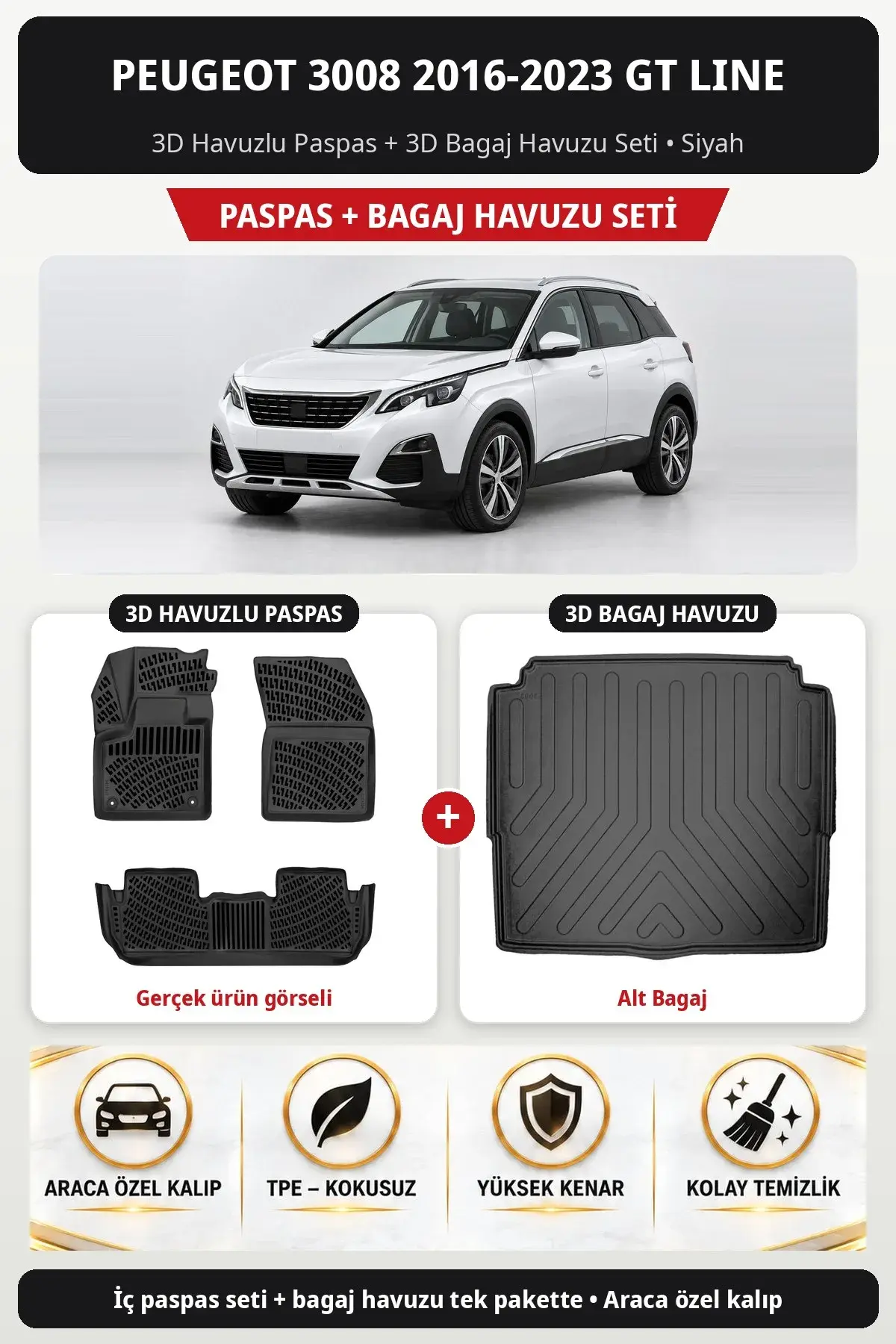 Peugeot 3008 2016-2023 GT Line 3D Havuzlu Paspas + 3D Bagaj Havuzu Seti (Alt Bagaj) Siyah (1)