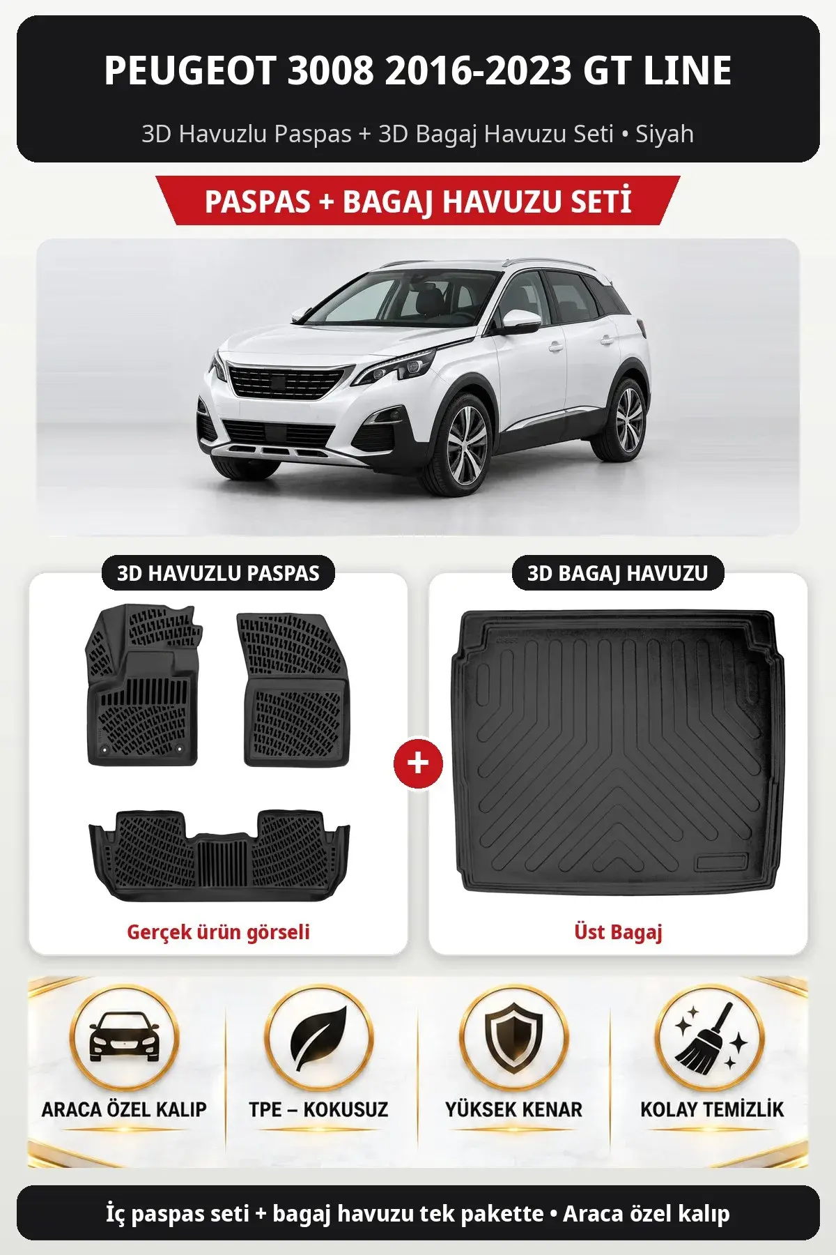 Peugeot 3008 2016-2023 GT Line 3D Havuzlu Paspas + 3D Bagaj Havuzu Seti (Üst Bagaj) Siyah (1)