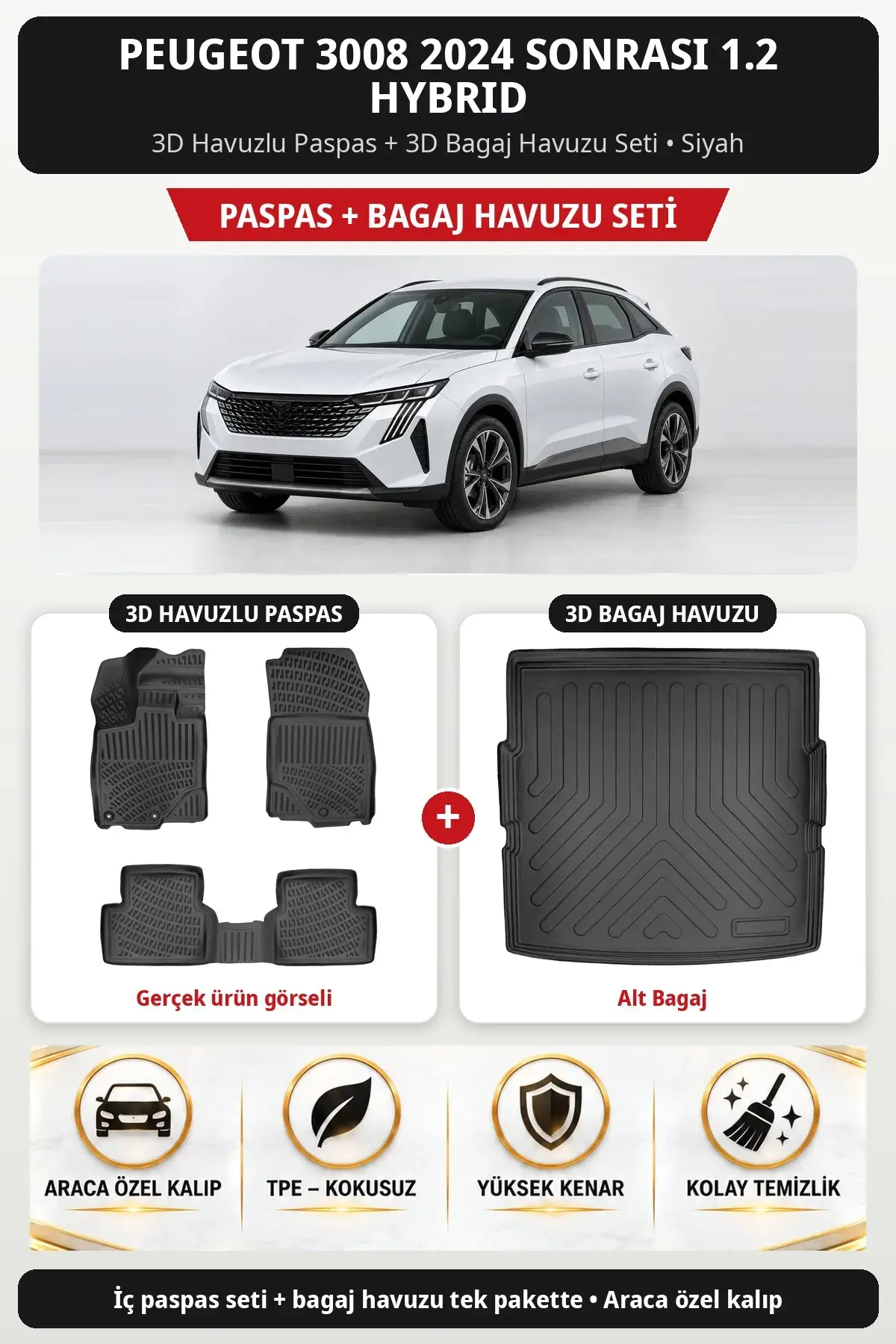 Peugeot 3008 2024 Sonrası 1.2 Hybrid 3D Havuzlu Paspas + 3D Bagaj Havuzu Seti (Alt Bagaj) Siyah (1)