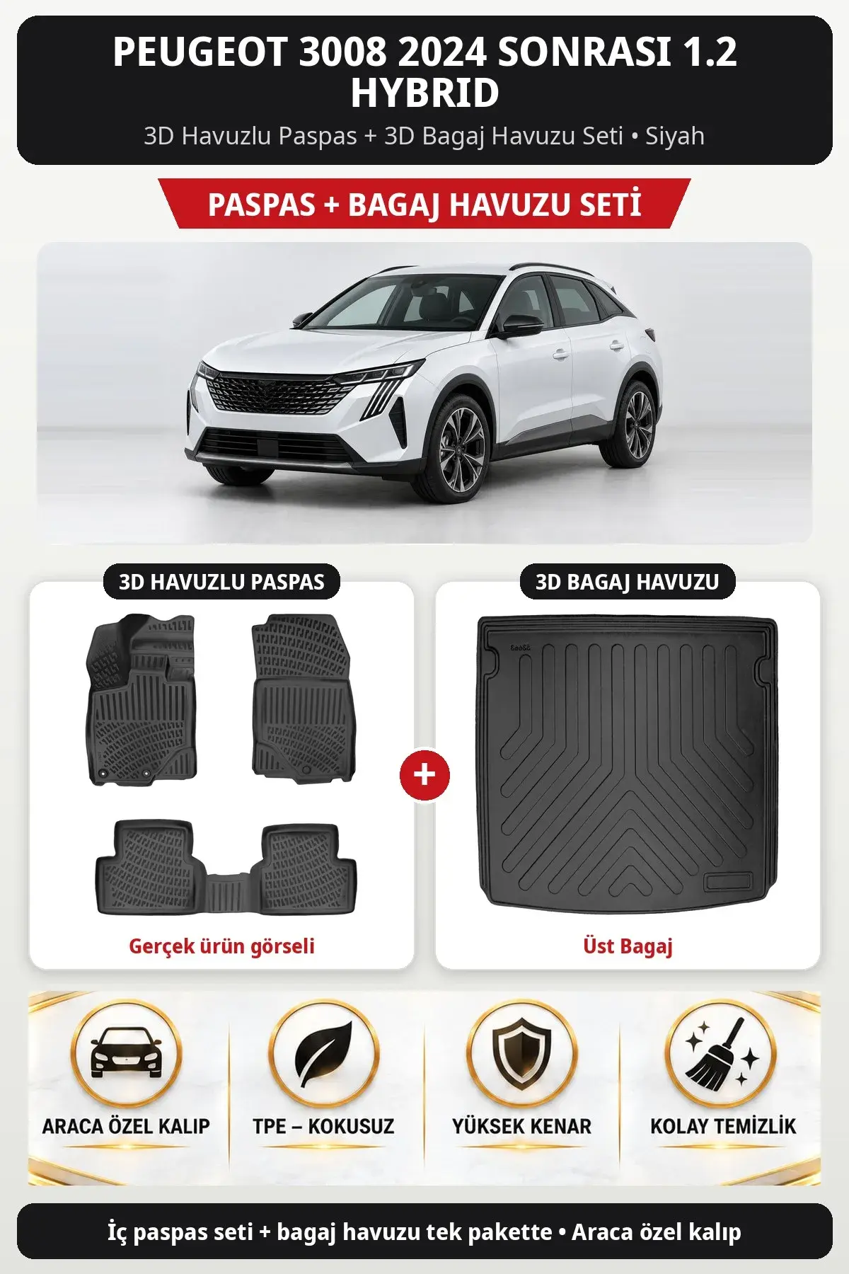 Peugeot 3008 2024 Sonrası 1.2 Hybrid 3D Havuzlu Paspas + 3D Bagaj Havuzu Seti (Üst Bagaj) Siyah (1)