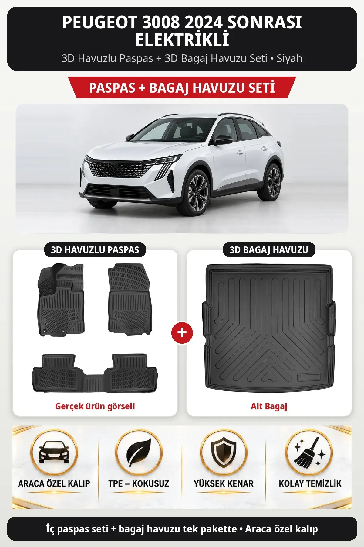 Peugeot 3008 2024 Sonrası Elektrikli 3D Havuzlu Paspas + 3D Bagaj Havuzu Seti (Alt Bagaj) Siyah (1)