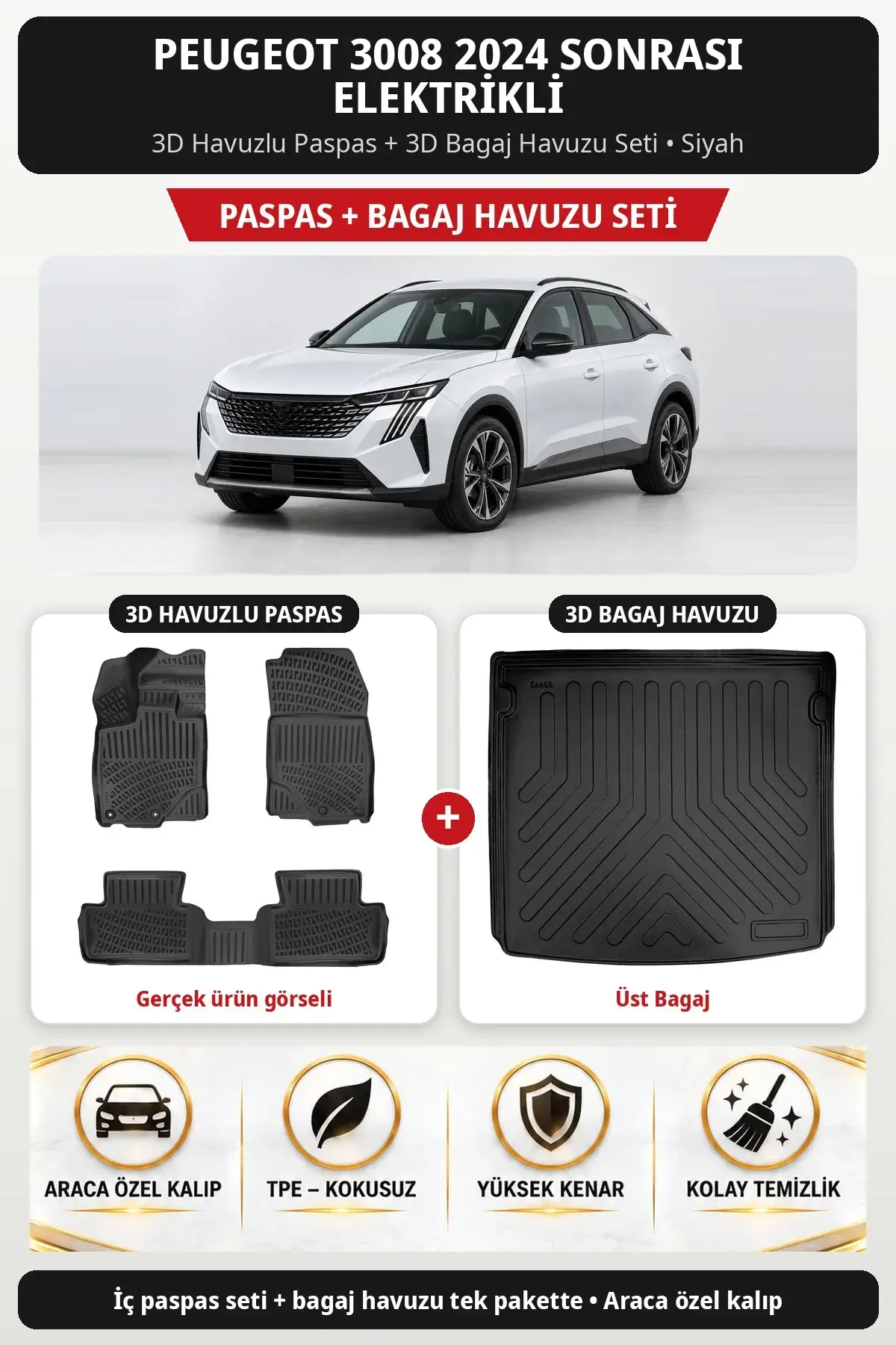 Peugeot 3008 2024 Sonrası Elektrikli 3D Havuzlu Paspas + 3D Bagaj Havuzu Seti (Üst Bagaj) Siyah (1)