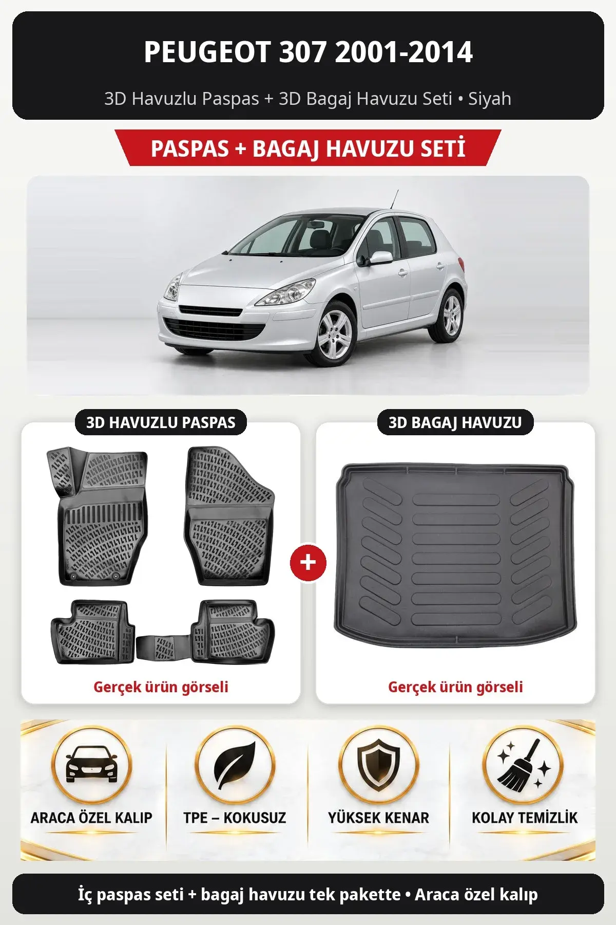Peugeot 307 2001-2014 3D Havuzlu Paspas + 3D Bagaj Havuzu Seti Siyah (1)