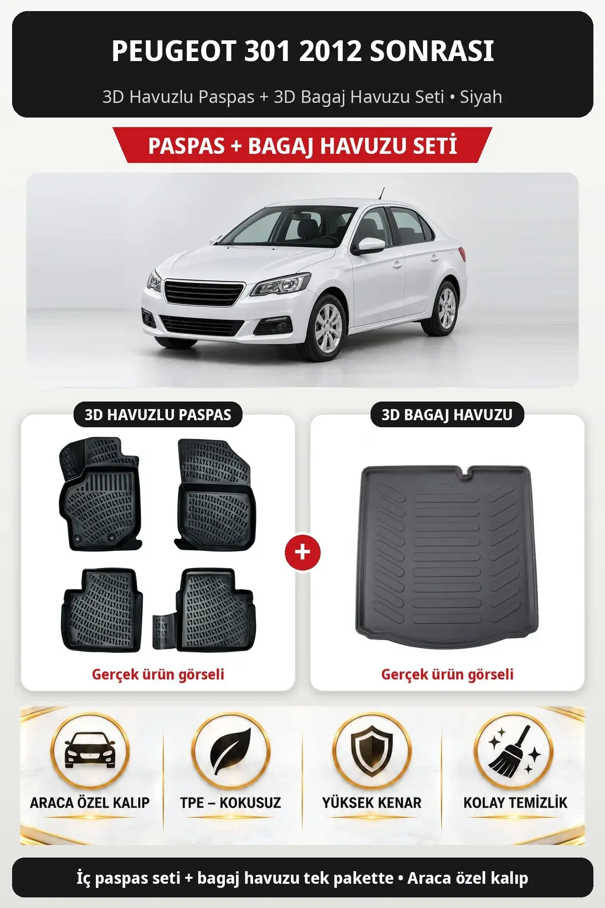 Peugeot 301 2012 Sonrası 3D Havuzlu Paspas + 3D Bagaj Havuzu Seti Siyah (1)