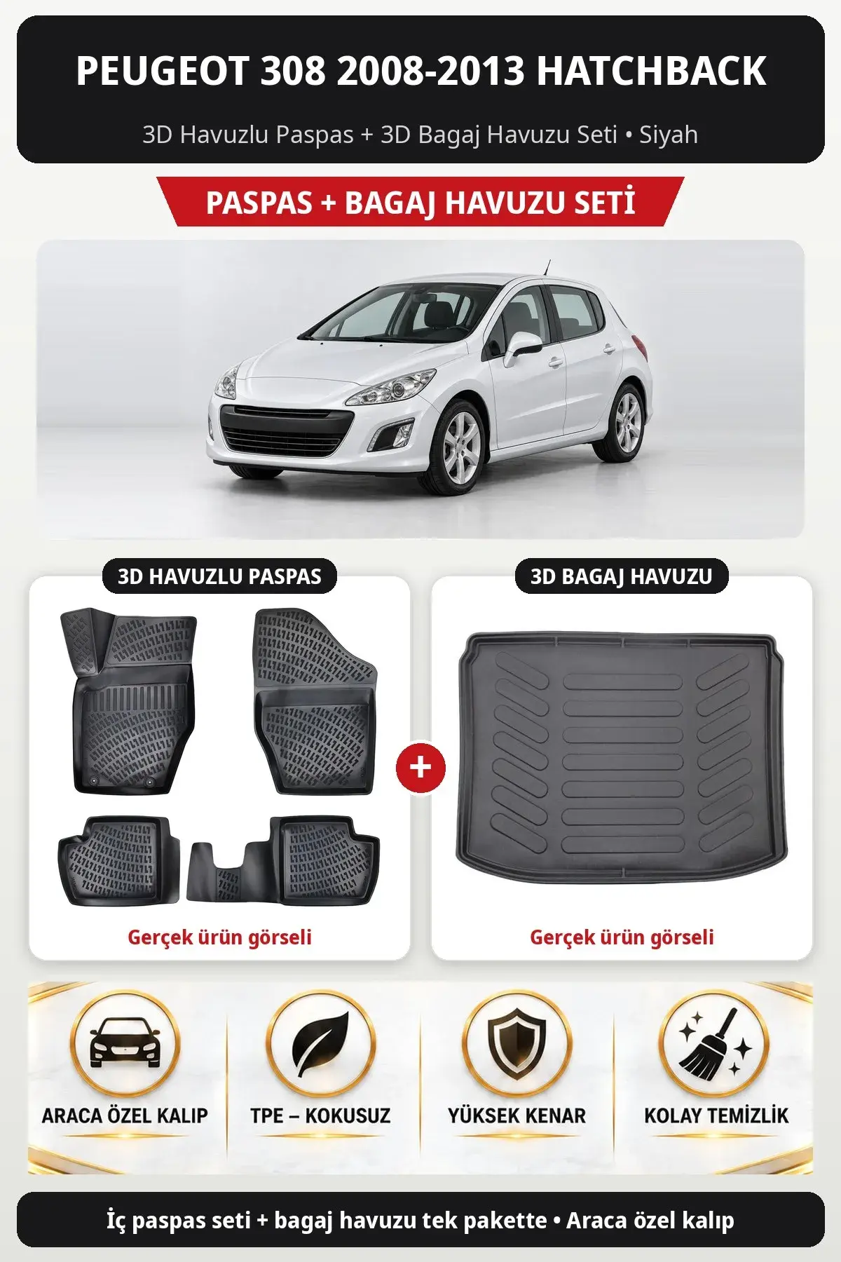 Peugeot 308 2008-2013 Hatchback 3D Havuzlu Paspas + 3D Bagaj Havuzu Seti Siyah (1)