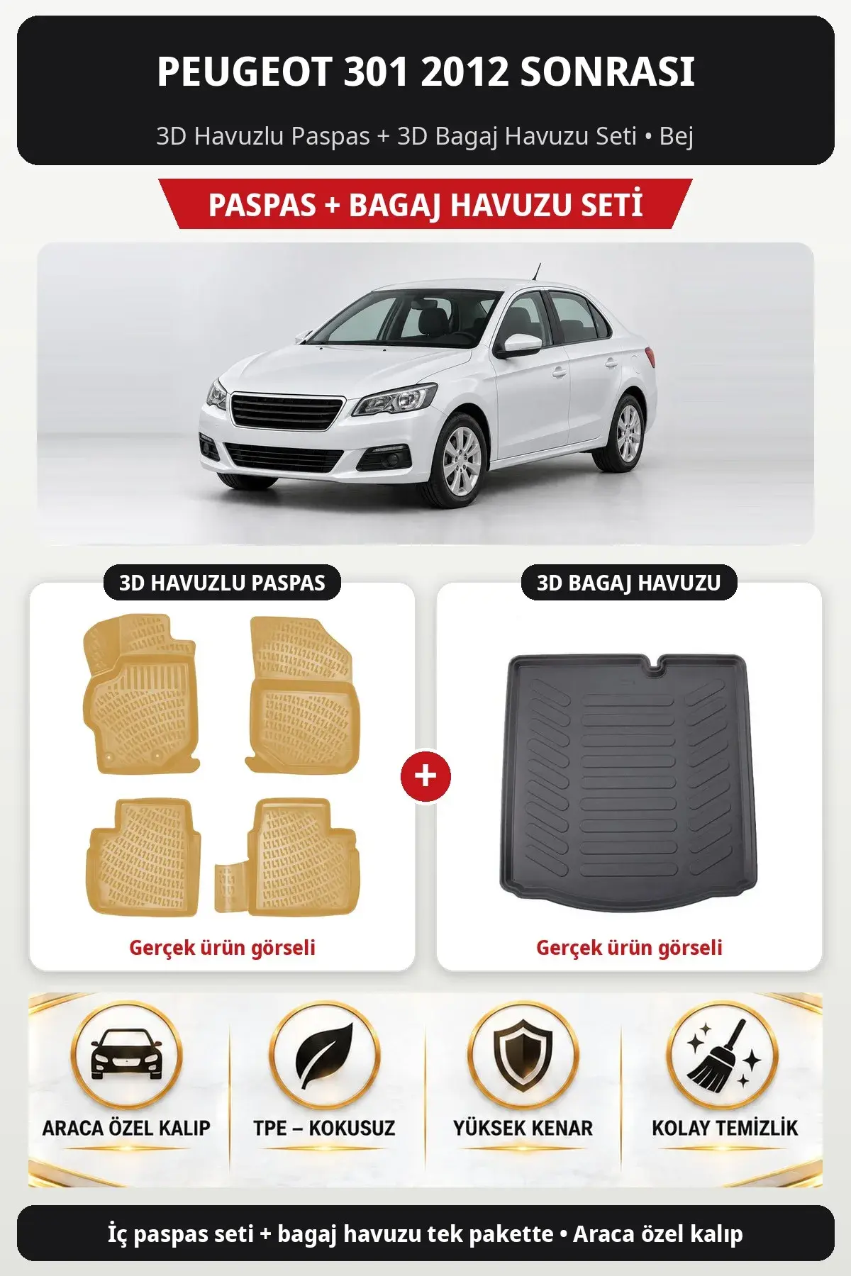 Peugeot 301 2012 Sonrası 3D Havuzlu Paspas + 3D Bagaj Havuzu Seti Bej (1)