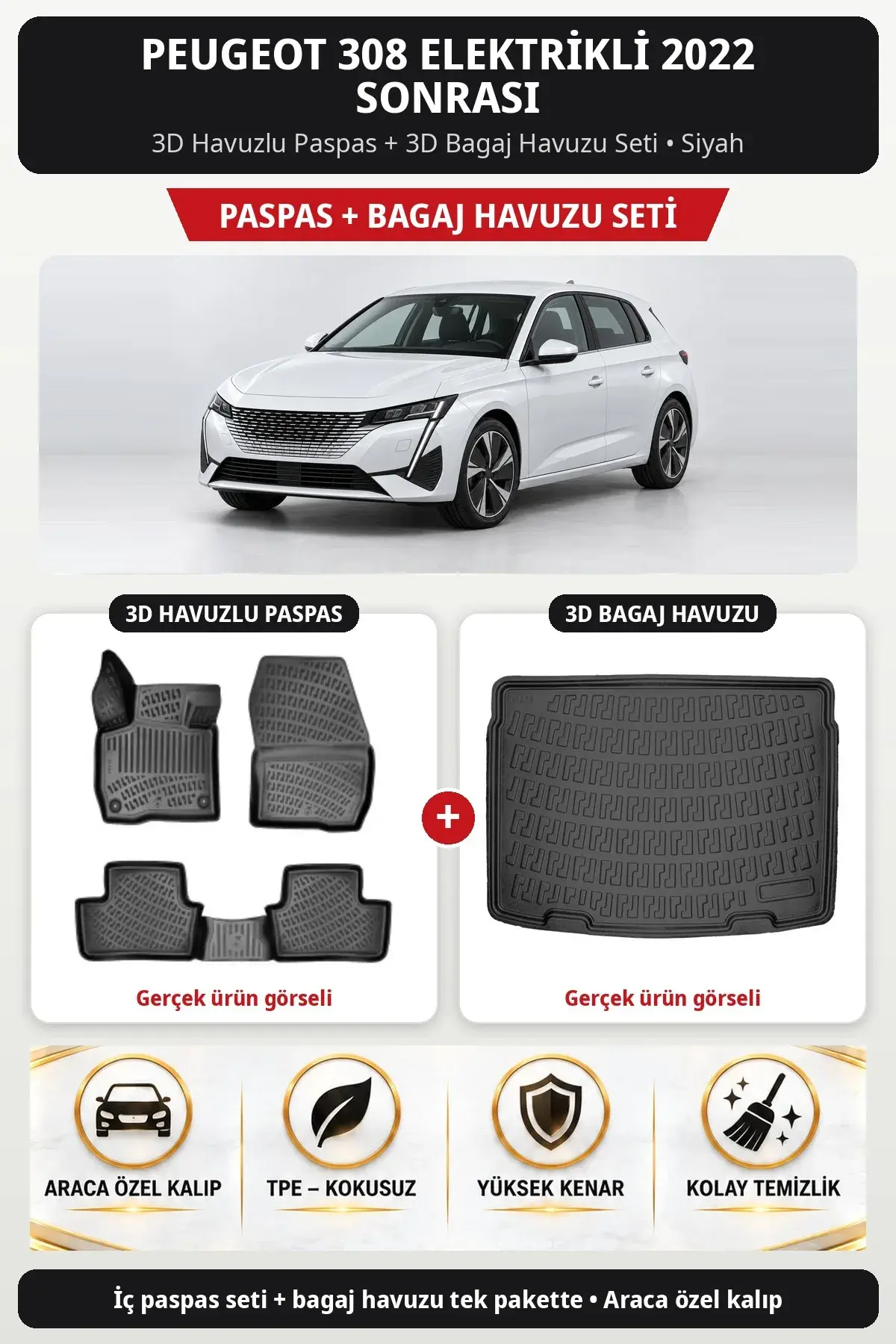 Peugeot 308 Elektrikli 2022 Sonrası 3D Havuzlu Paspas + 3D Bagaj Havuzu Seti Siyah (1)