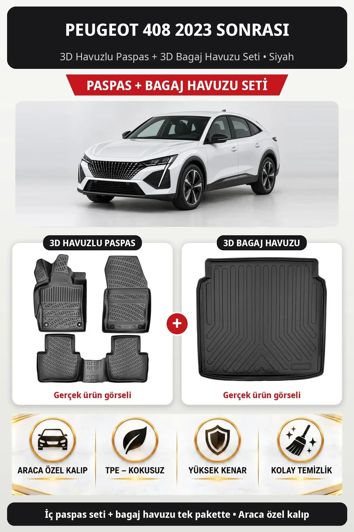 Peugeot 408 2023 Sonrası 3D Havuzlu Paspas + 3D Bagaj Havuzu Seti Siyah (1)