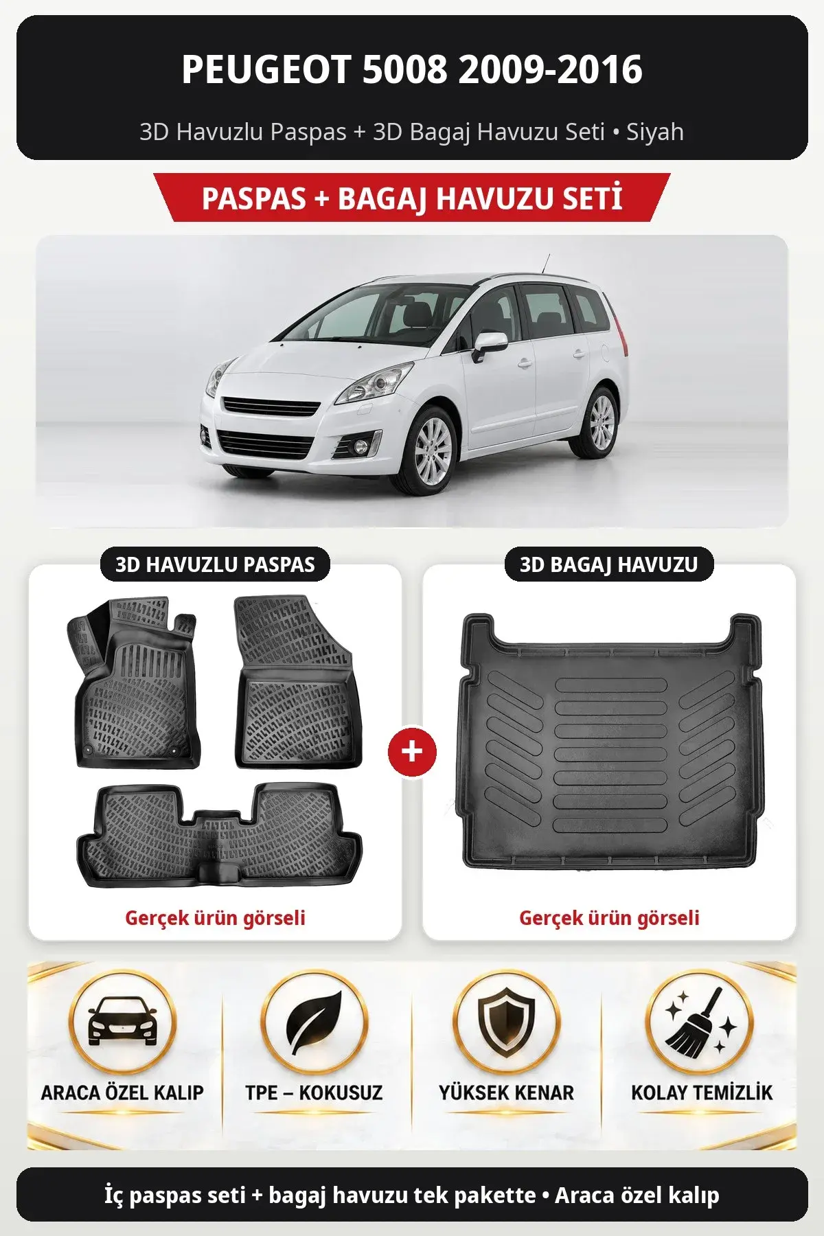 Peugeot 5008 2009-2016 3D Havuzlu Paspas + 3D Bagaj Havuzu Seti Siyah (1)