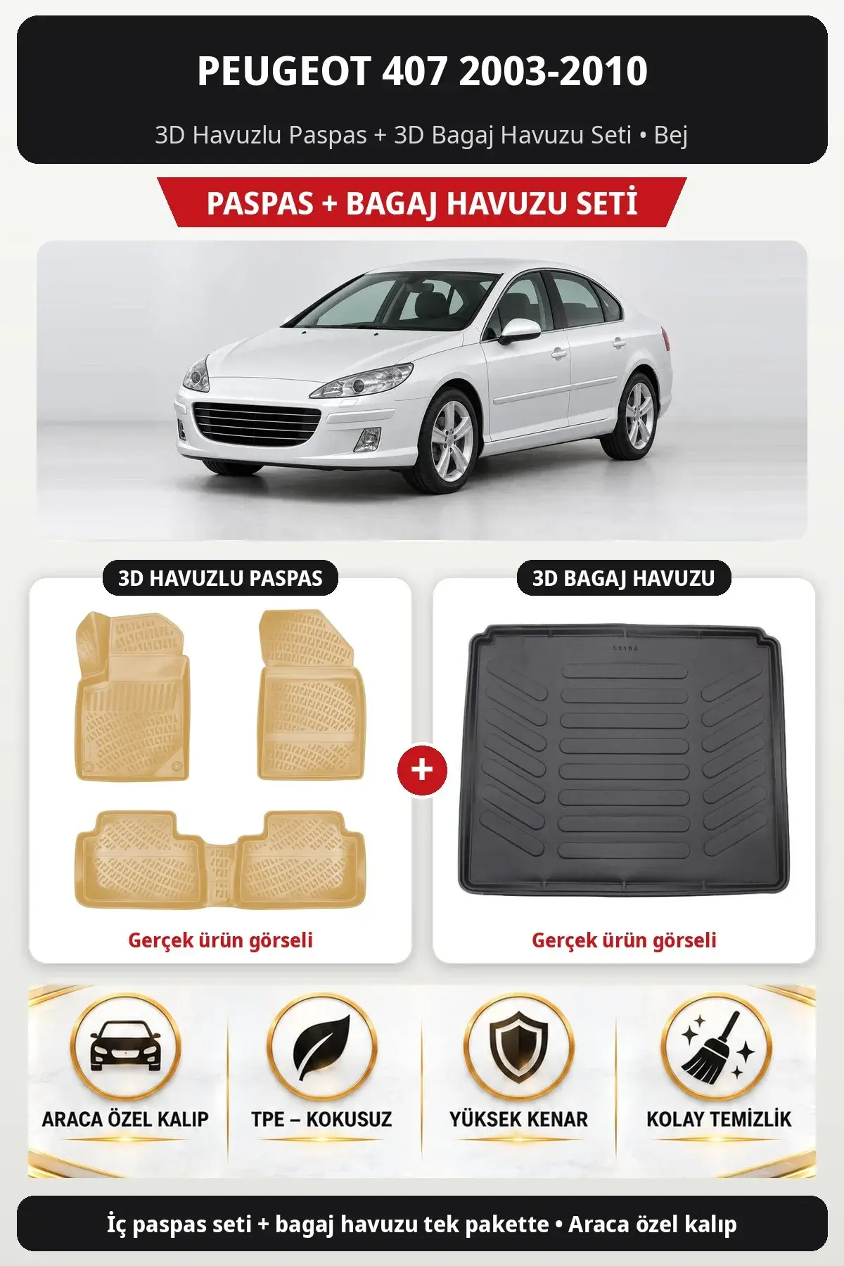 Peugeot 407 2003-2010 3D Havuzlu Paspas + 3D Bagaj Havuzu Seti Bej (1)