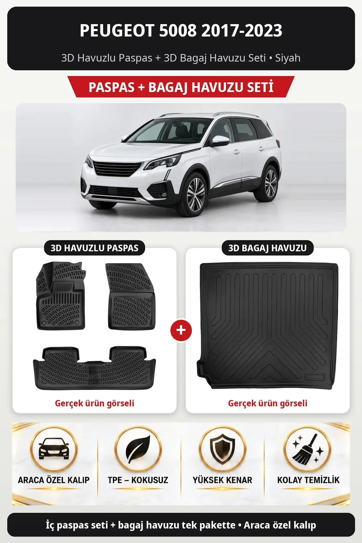Peugeot 5008 2017-2023 3D Havuzlu Paspas + 3D Bagaj Havuzu Seti Siyah (1)