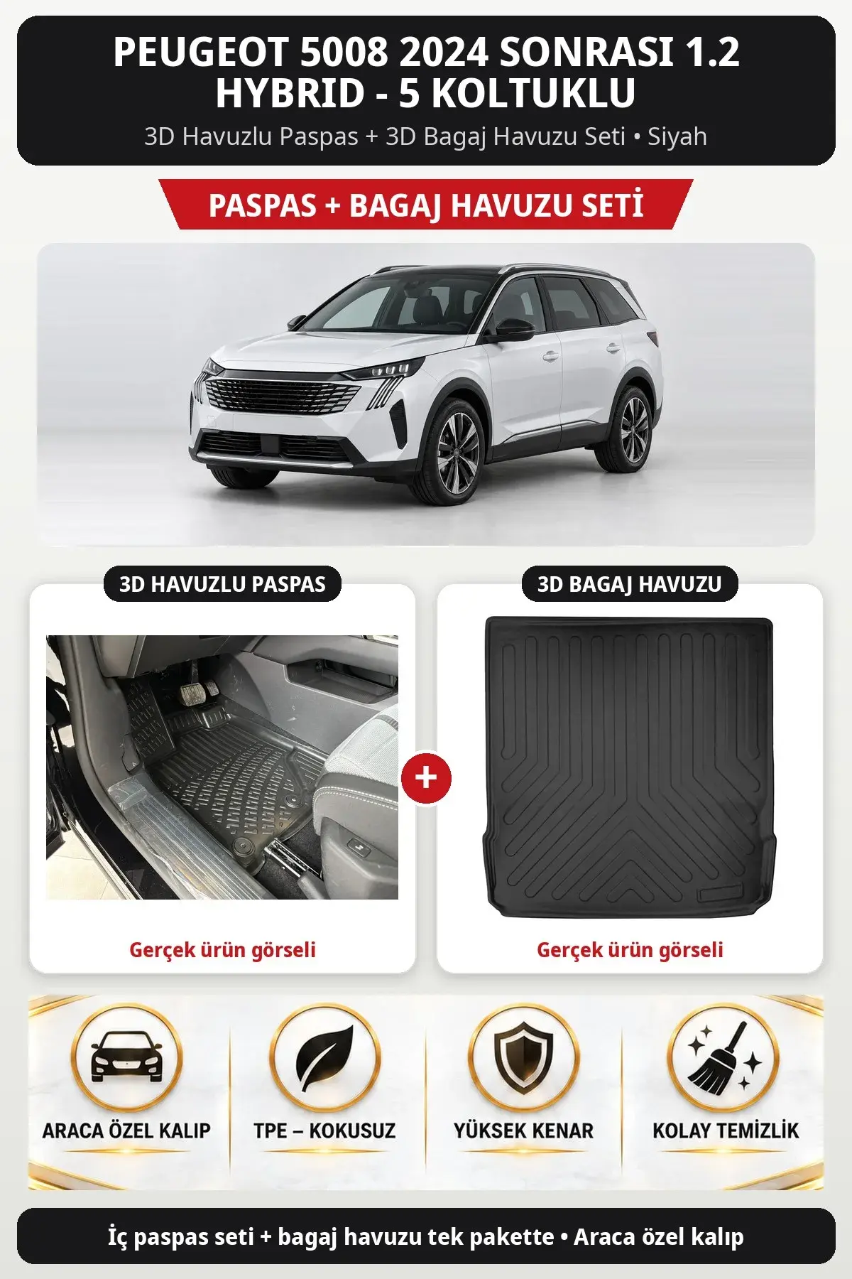 Peugeot 5008 2024 Sonrası 1.2 Hybrid - 5 Koltuklu 3D Havuzlu Paspas + 3D Bagaj Havuzu Seti Siyah (1)