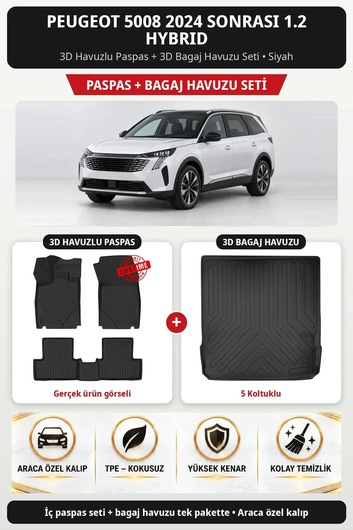 Peugeot 5008 2024 Sonrası 1.2 Hybrid 3D Havuzlu Paspas + 3D Bagaj Havuzu Seti (5 Koltuklu) Siyah (1)