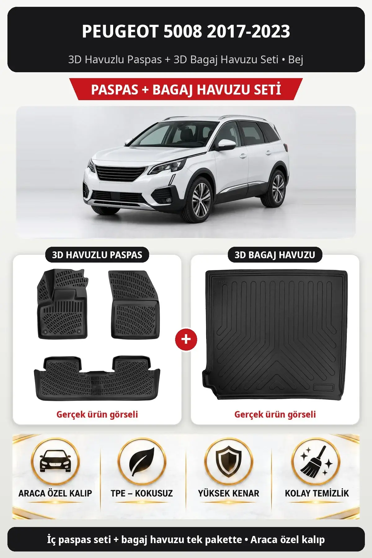 Peugeot 5008 2017-2023 3D Havuzlu Paspas + 3D Bagaj Havuzu Seti Bej (1)