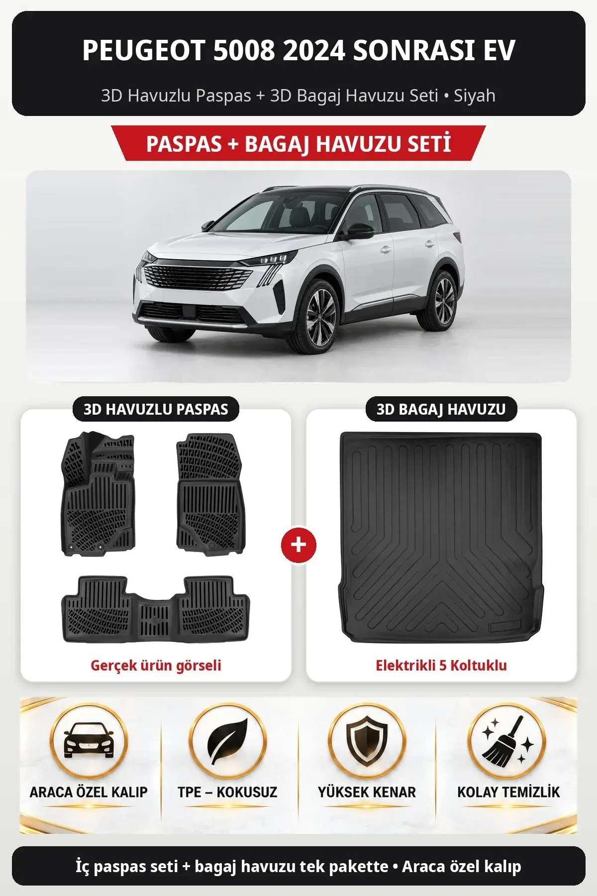 Peugeot 5008 2024 Sonrası EV 3D Havuzlu Paspas + 3D Bagaj Havuzu Seti (Elektrikli 5 Koltuklu) Siyah (1)