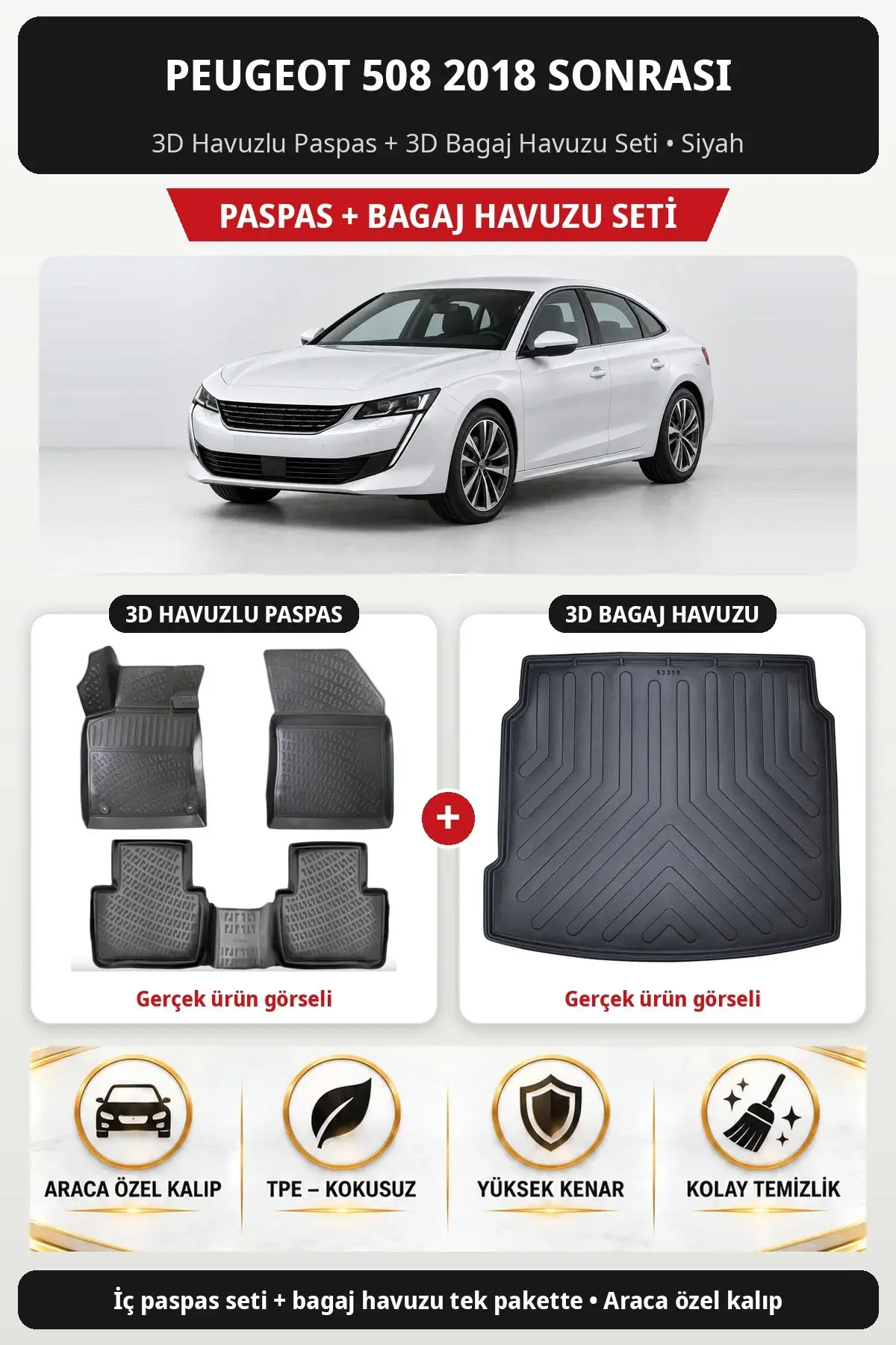 Peugeot 508 2018 Sonrası 3D Havuzlu Paspas + 3D Bagaj Havuzu Seti Siyah (1)