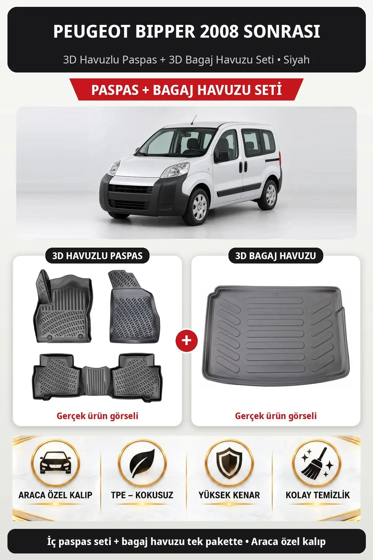 Peugeot Bipper 2008 Sonrası 3D Havuzlu Paspas + 3D Bagaj Havuzu Seti Siyah (1)