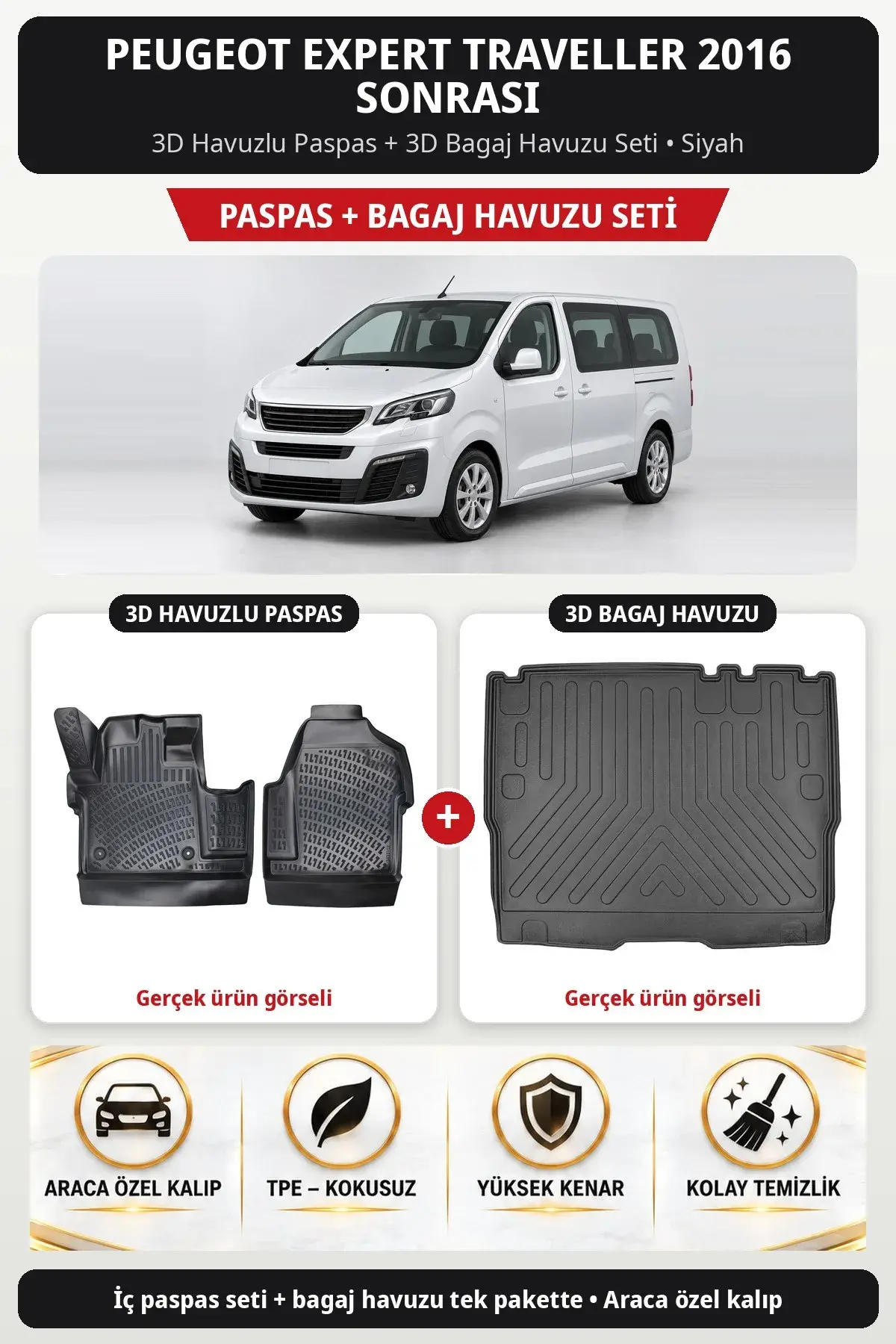 Peugeot Expert Traveller 2016 Sonrası 3D Havuzlu Paspas + 3D Bagaj Havuzu Seti Siyah (1)