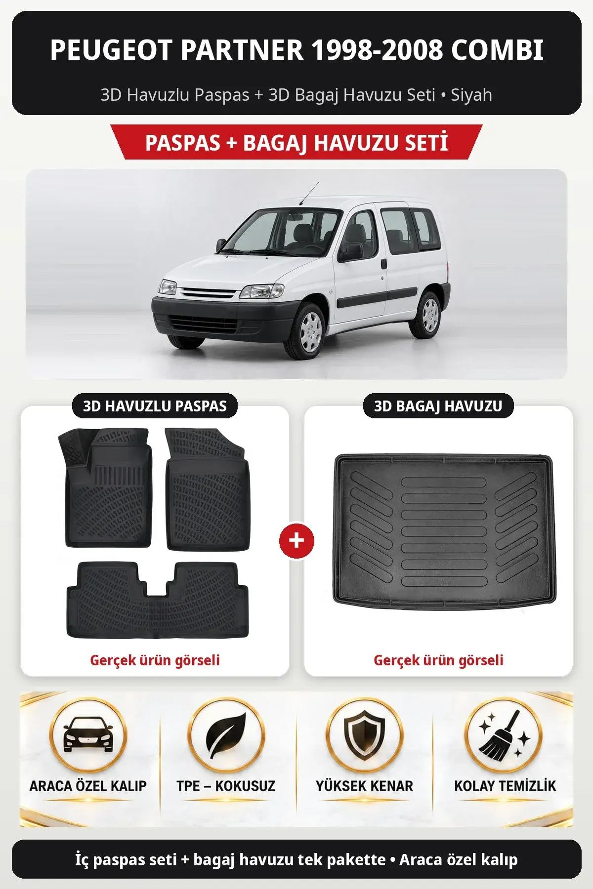 Peugeot Partner 1998-2008 Combi 3D Havuzlu Paspas + 3D Bagaj Havuzu Seti Siyah (1)