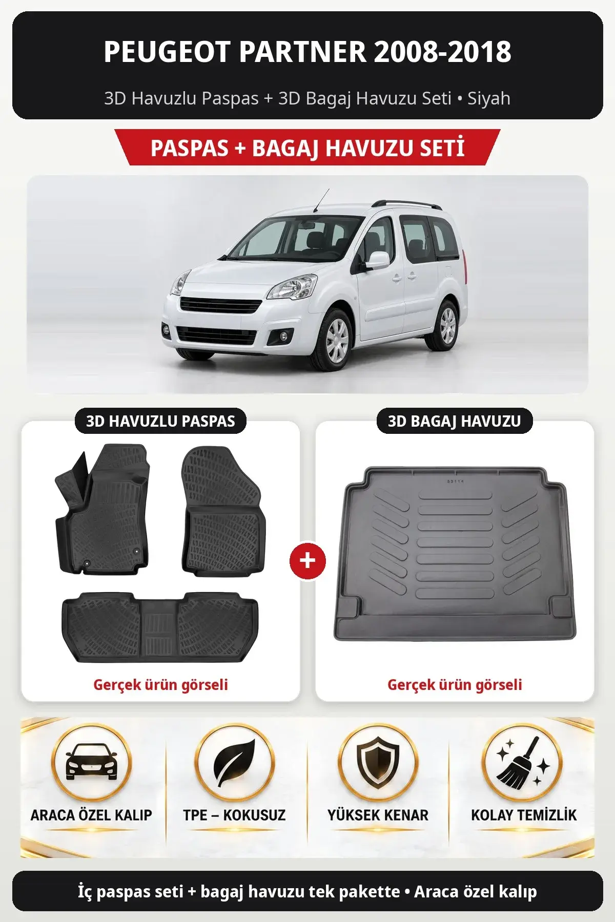 Peugeot Partner 2008-2018 3D Havuzlu Paspas + 3D Bagaj Havuzu Seti Siyah (1)