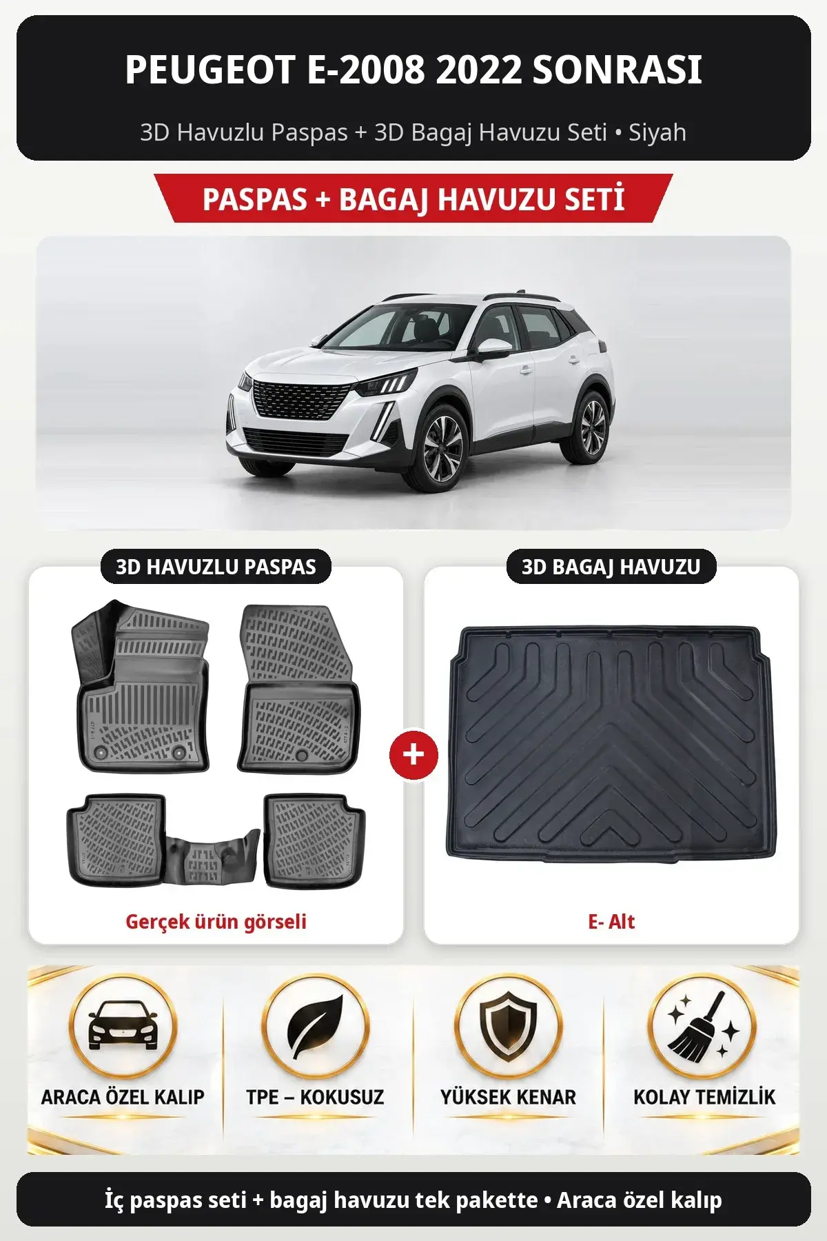 Peugeot e-2008 2022 Sonrası 3D Havuzlu Paspas + 3D Bagaj Havuzu Seti (E- Alt) Siyah (1)