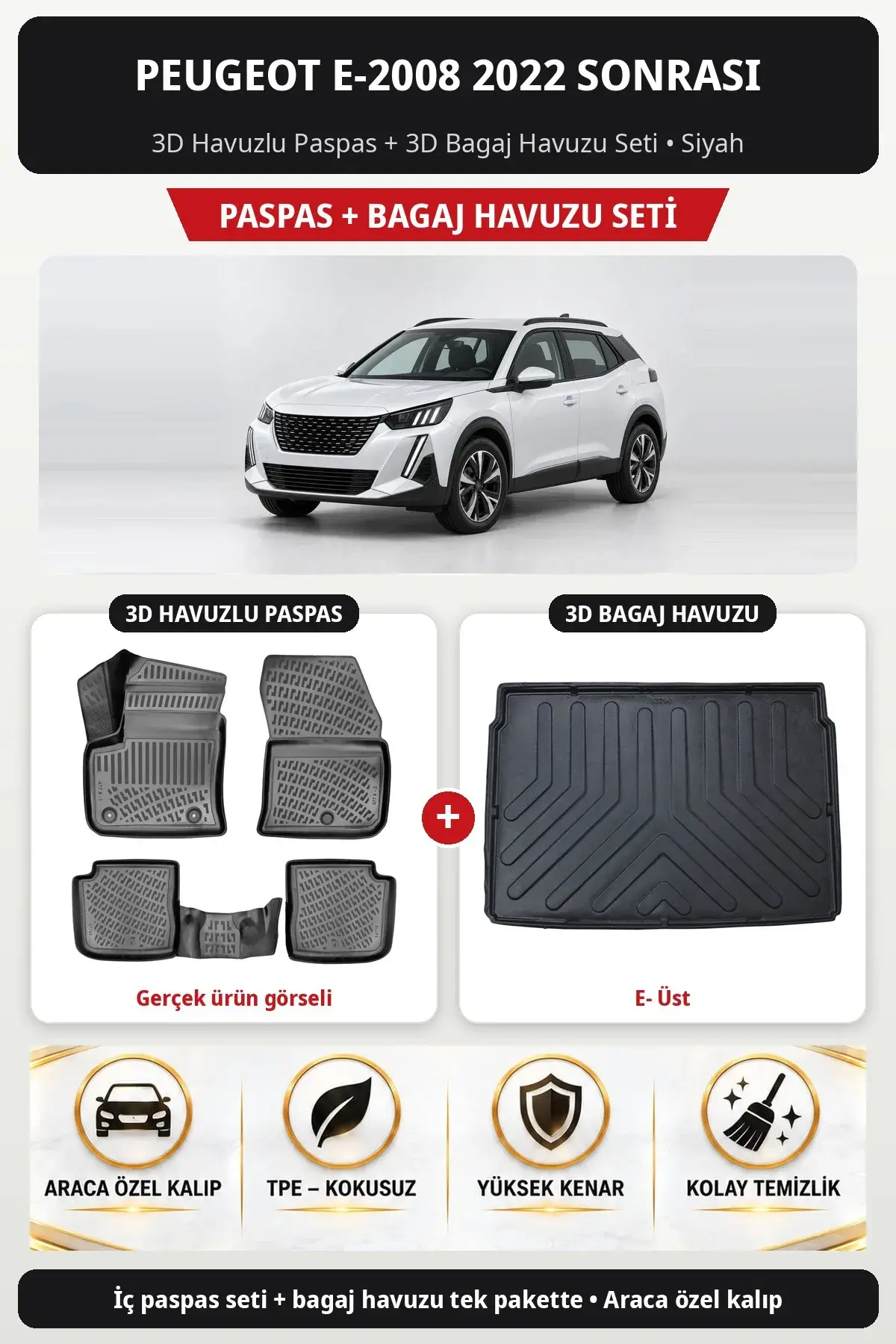 Peugeot e-2008 2022 Sonrası 3D Havuzlu Paspas + 3D Bagaj Havuzu Seti (E- Üst) Siyah (1)
