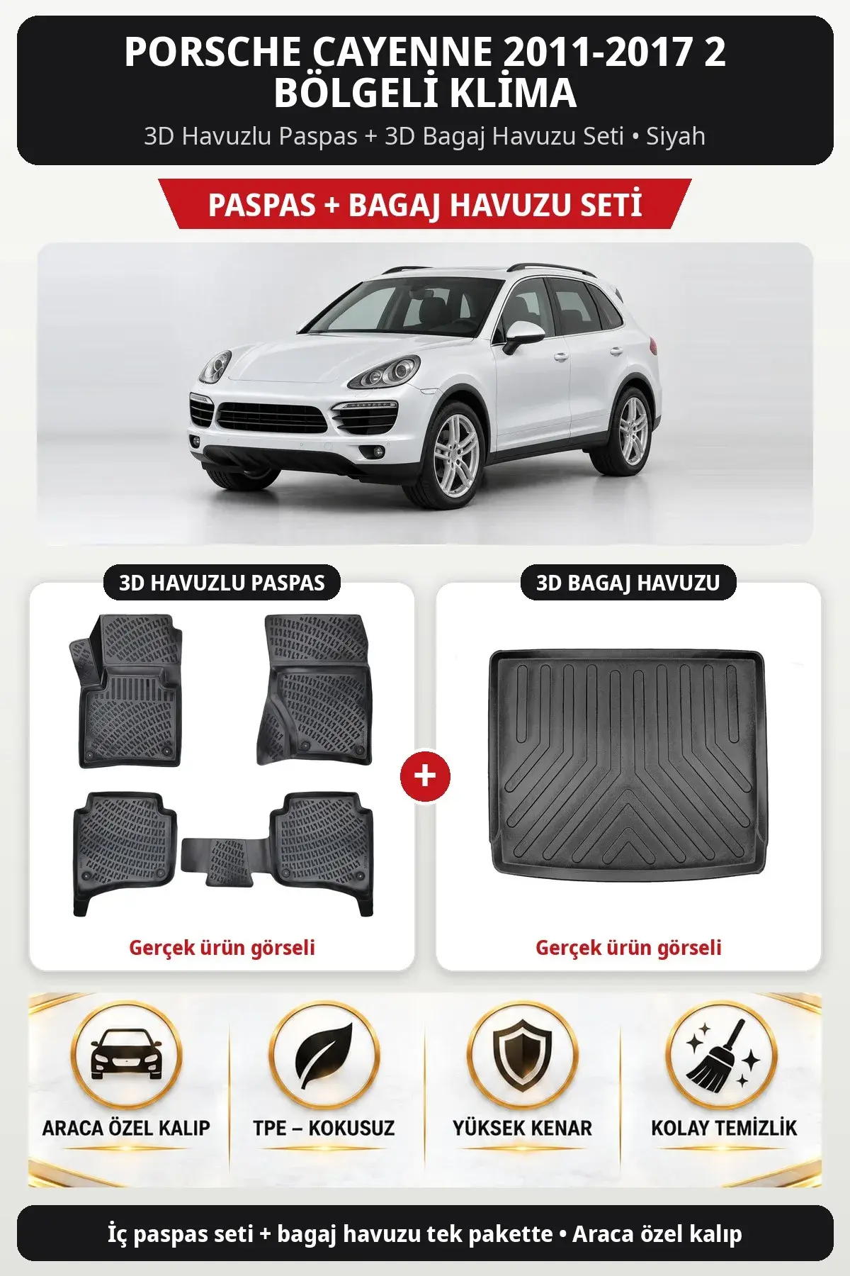 Porsche Cayenne 2011-2017 2 Bölgeli Klima 3D Havuzlu Paspas + 3D Bagaj Havuzu Seti Siyah (1)