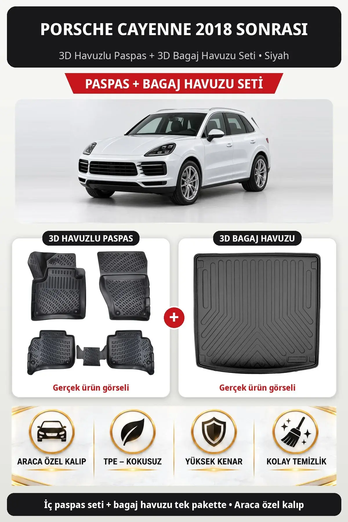 Porsche Cayenne 2018 Sonrası 3D Havuzlu Paspas + 3D Bagaj Havuzu Seti Siyah (1)