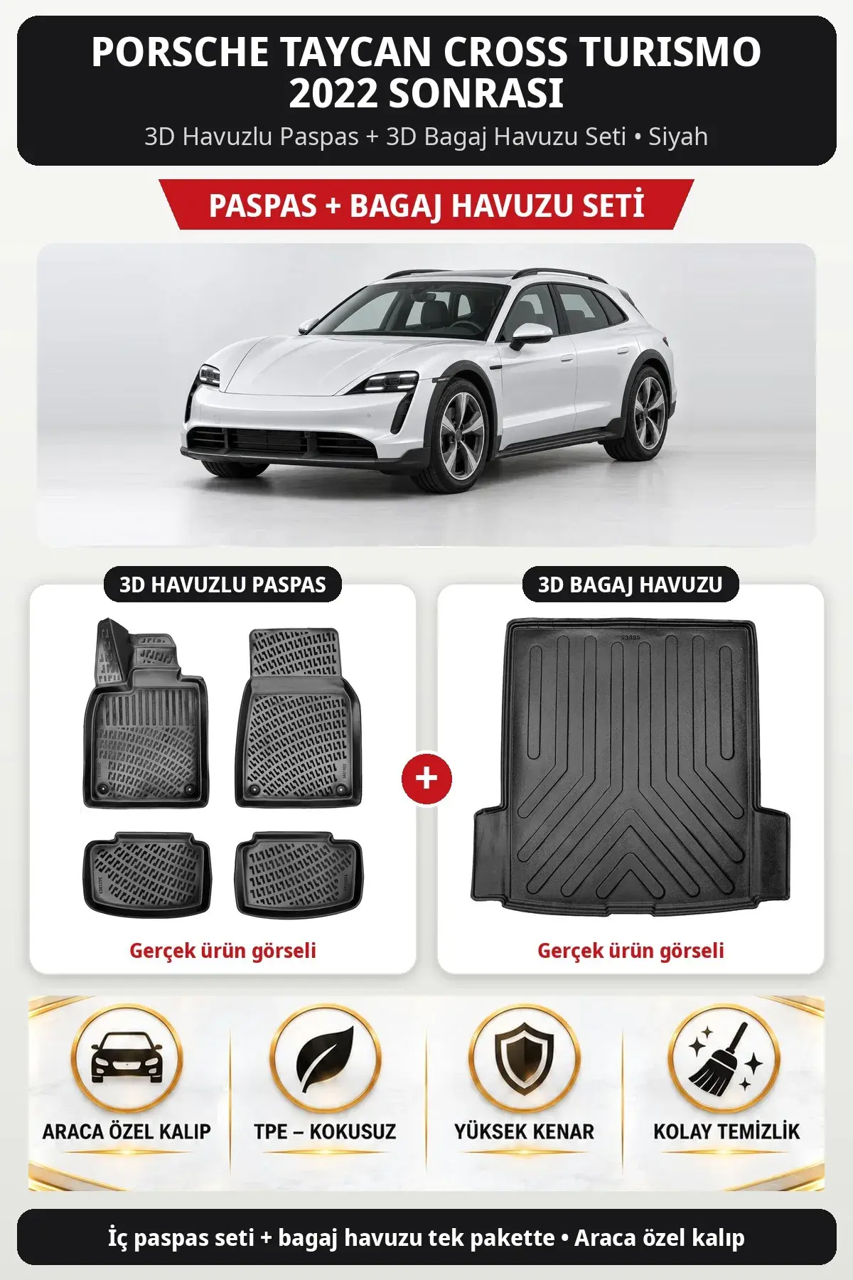 Porsche Taycan Cross Turismo 2022 Sonrası 3D Havuzlu Paspas + 3D Bagaj Havuzu Seti Siyah (1)