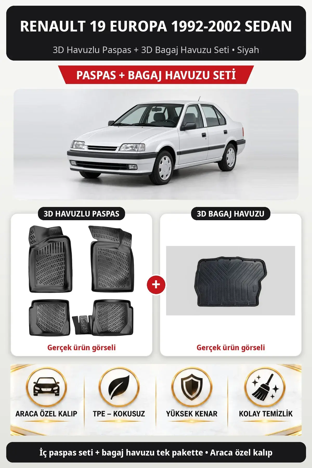Renault 19 Europa 1992-2002 Sedan 3D Havuzlu Paspas + 3D Bagaj Havuzu Seti Siyah (1)